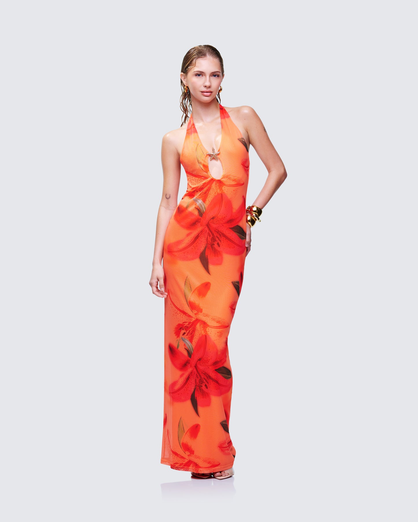 Evana Multi Printed Mesh Maxi Dress