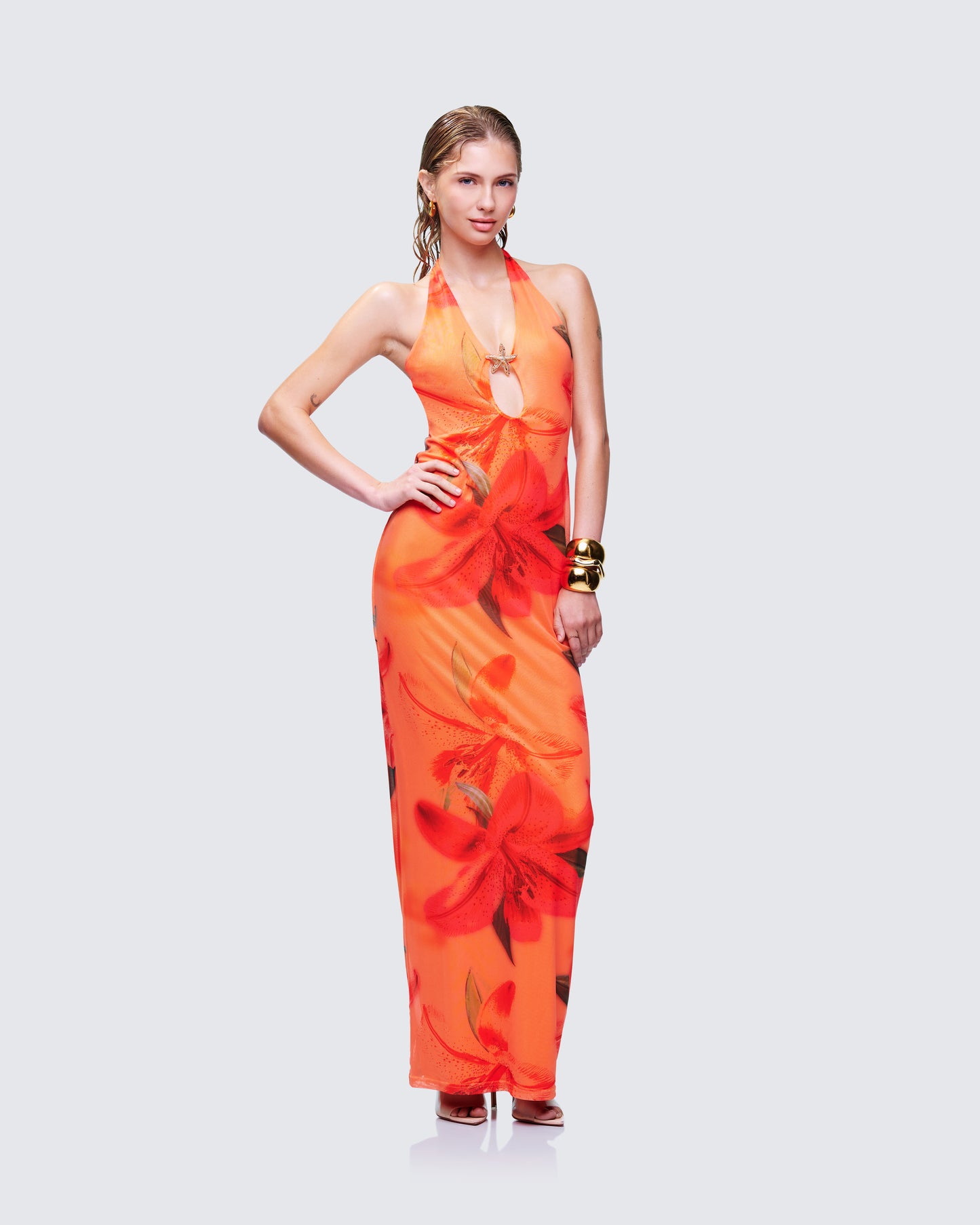 Evana Multi Printed Mesh Maxi Dress