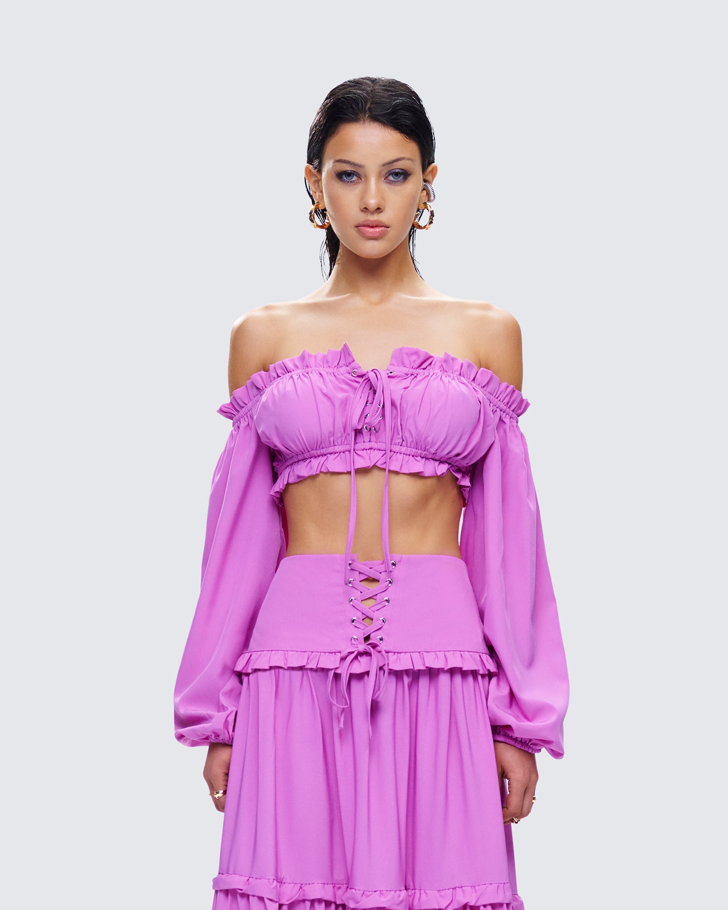 Fabiana Lilac Off Shoulder Crop Top model front