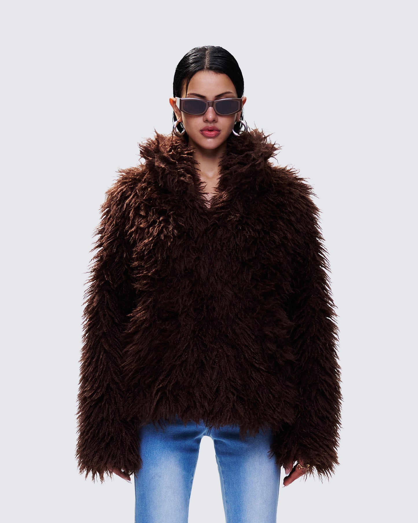 Fae Brown Boxy Faux Fur Coat model front