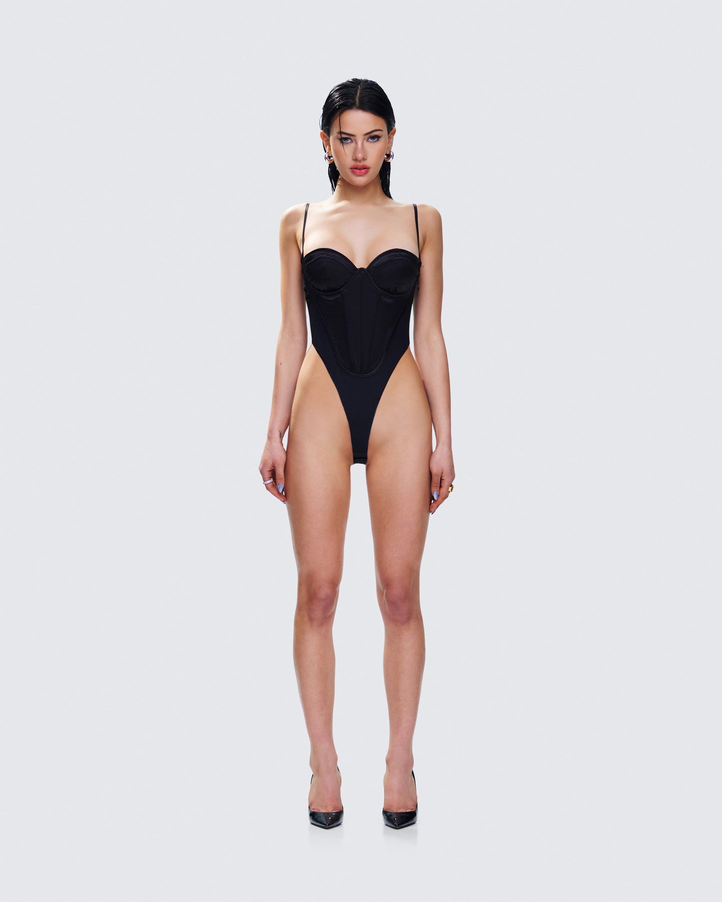 Fara Black Satin Corseted Bodysuit model front