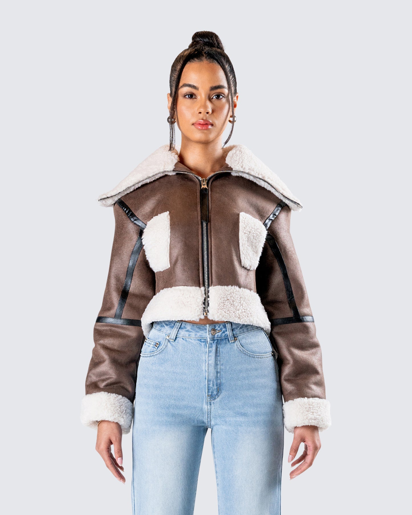 Farah Brown Vegan Leather Bomber model front