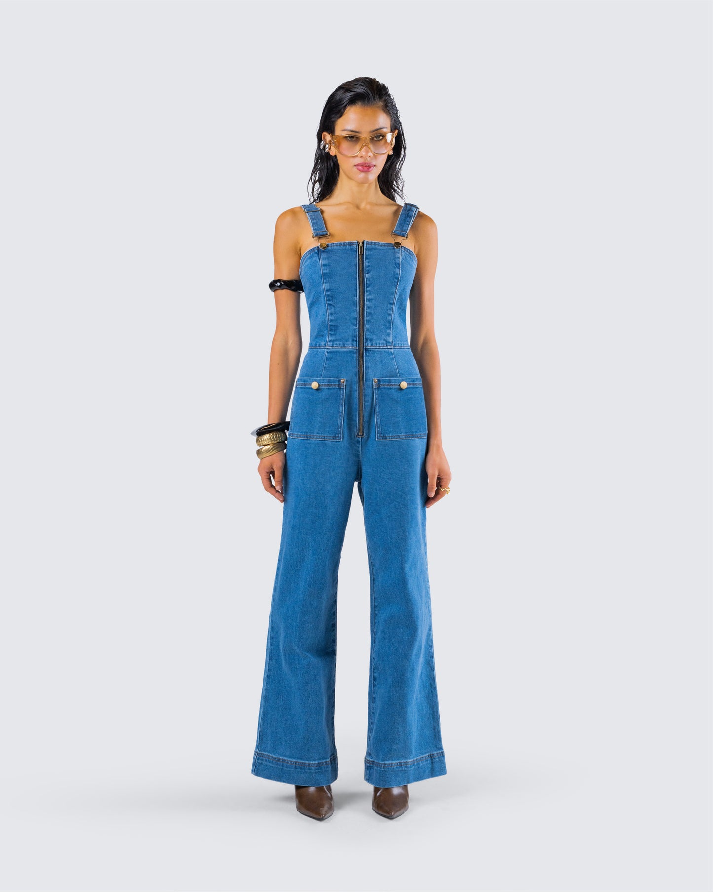 Fawn Blue Denim Overalls model front