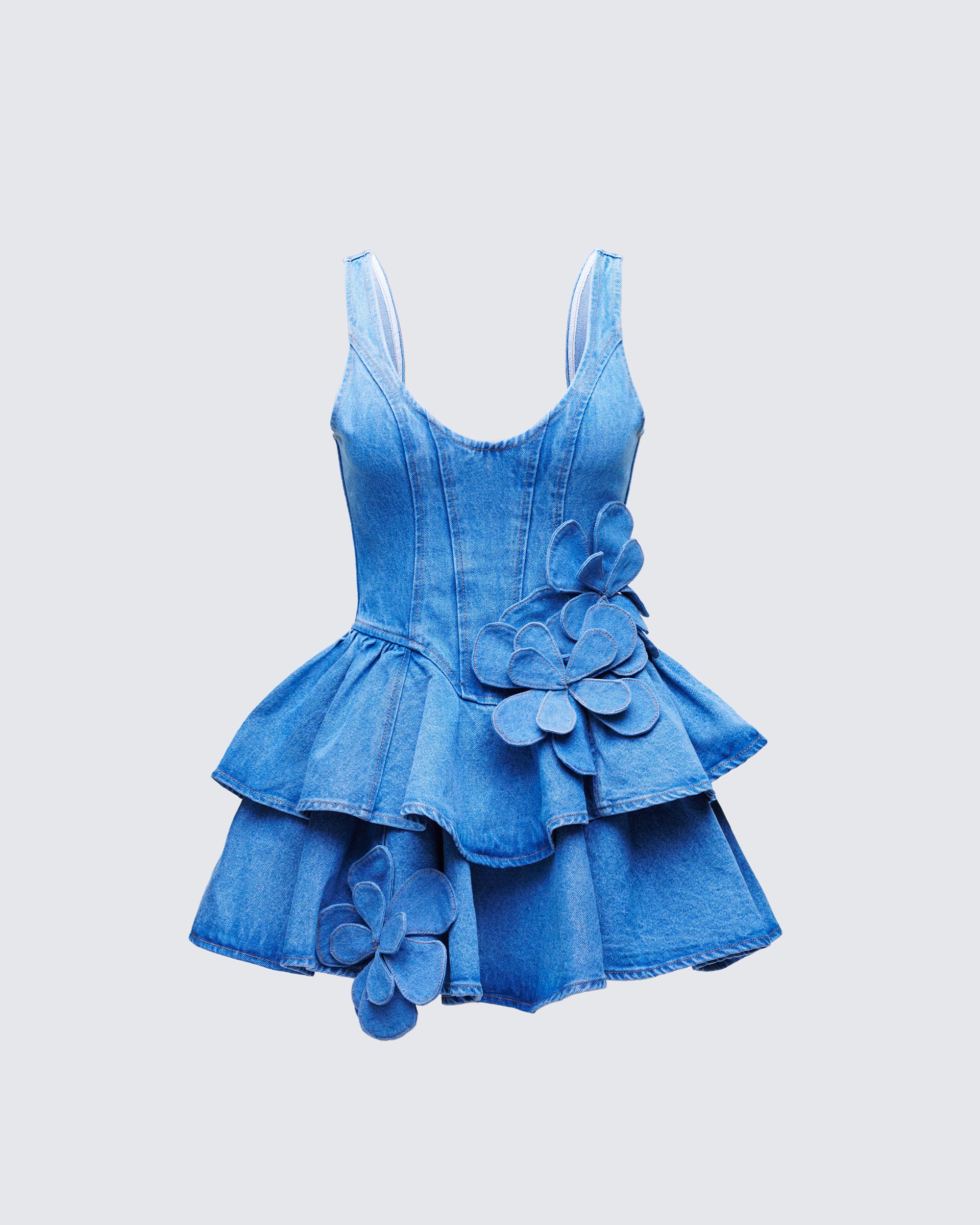 Blue Denim Mini Dress - Tiered Ruffle Corset Floral FINESSE Blue Denim Mini Dress - Tiered Ruffle Corset Floral FINESSE