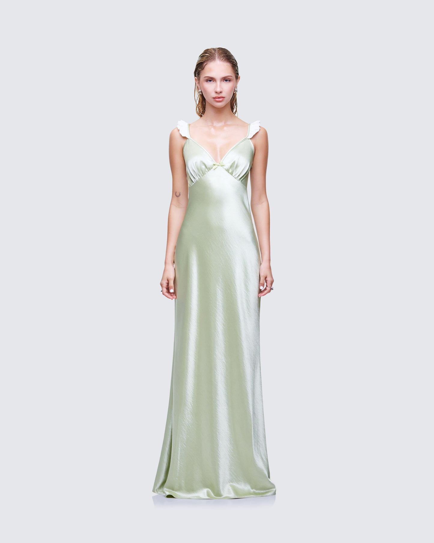 Halston Green Satin Maxi Dress model front