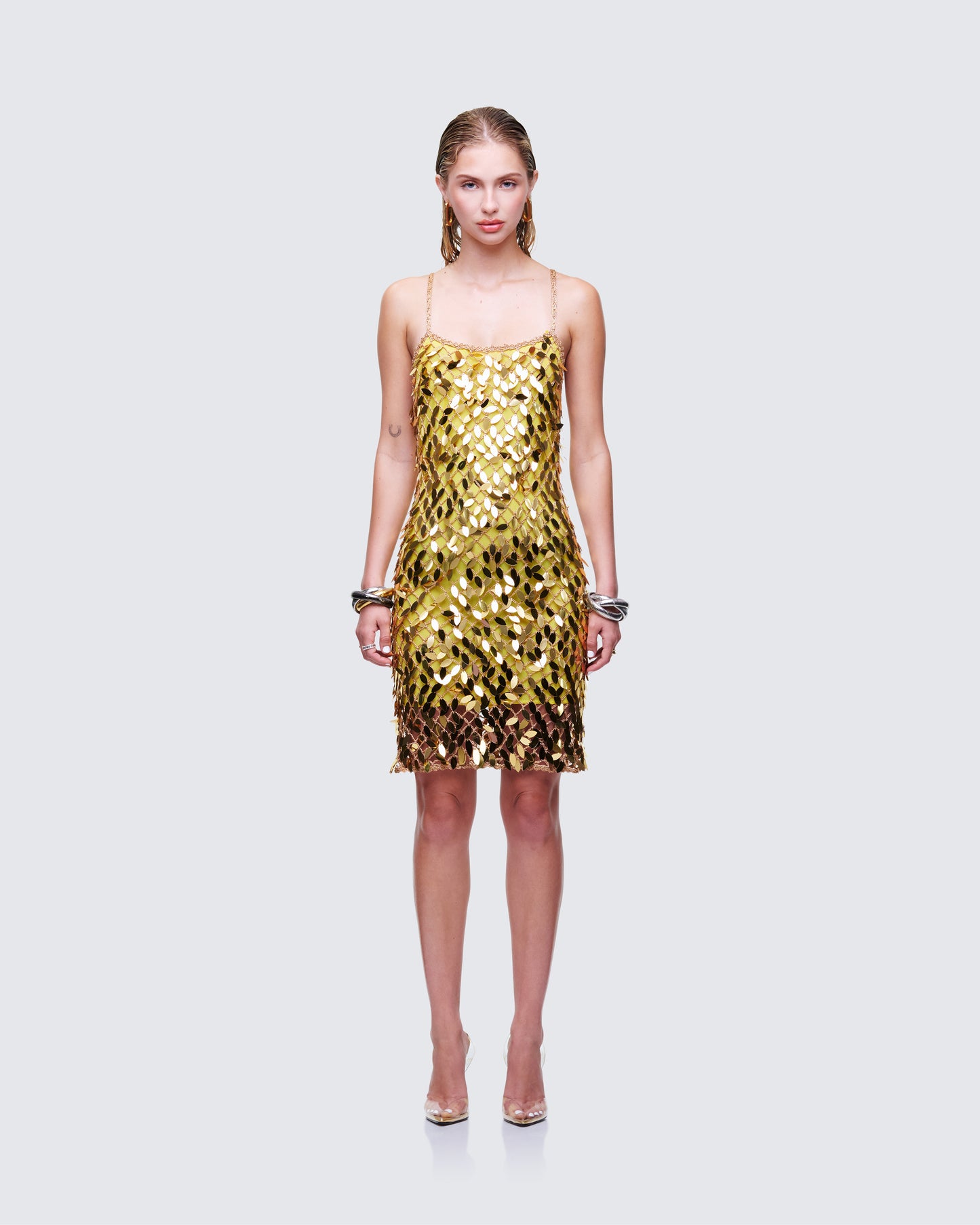 Bellatrix Gold Sequin Mini Dress model front