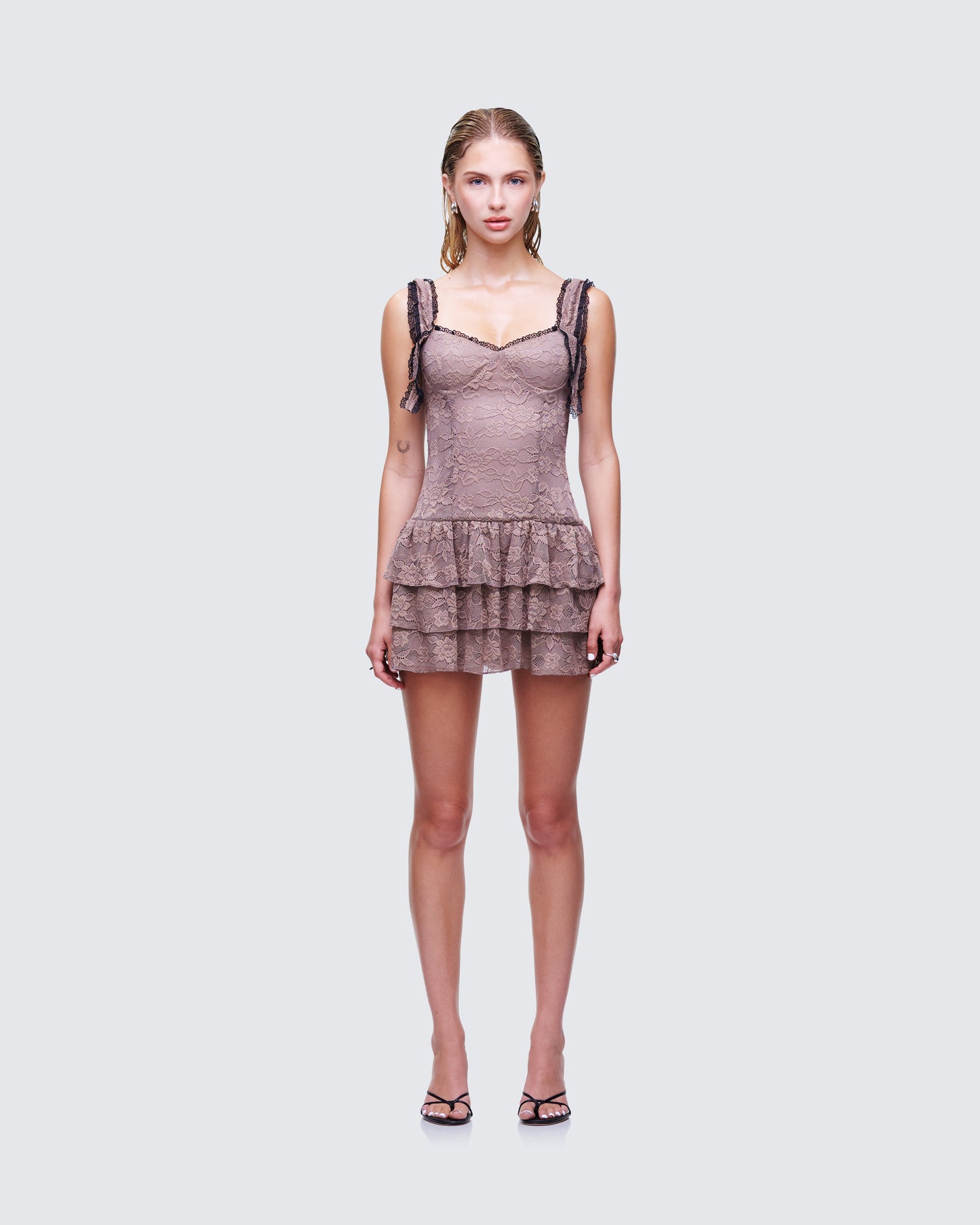 Jayella Tan Lace Mini Dress model front