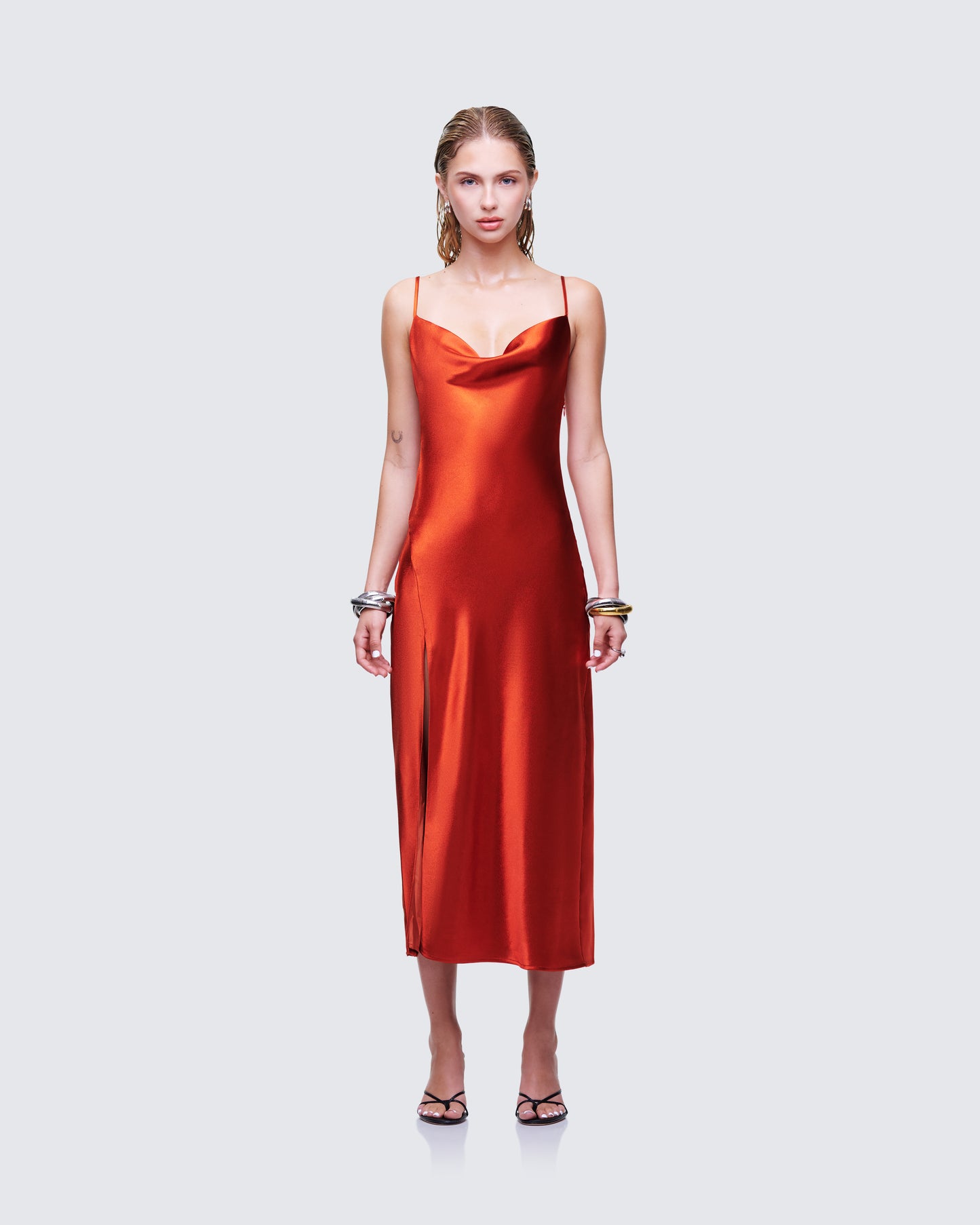 El Orange Satin Midi Dress