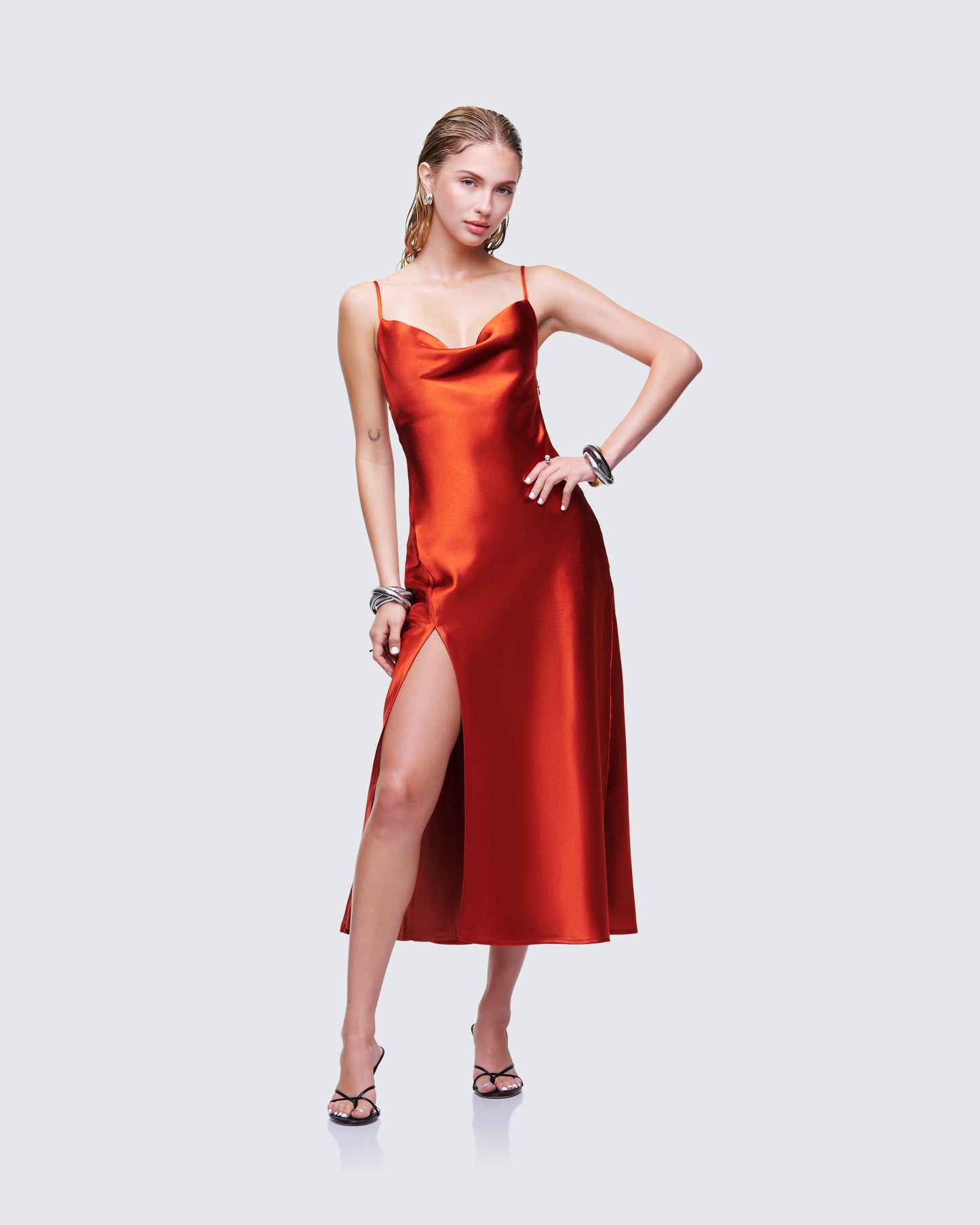 El Orange Satin Midi Dress