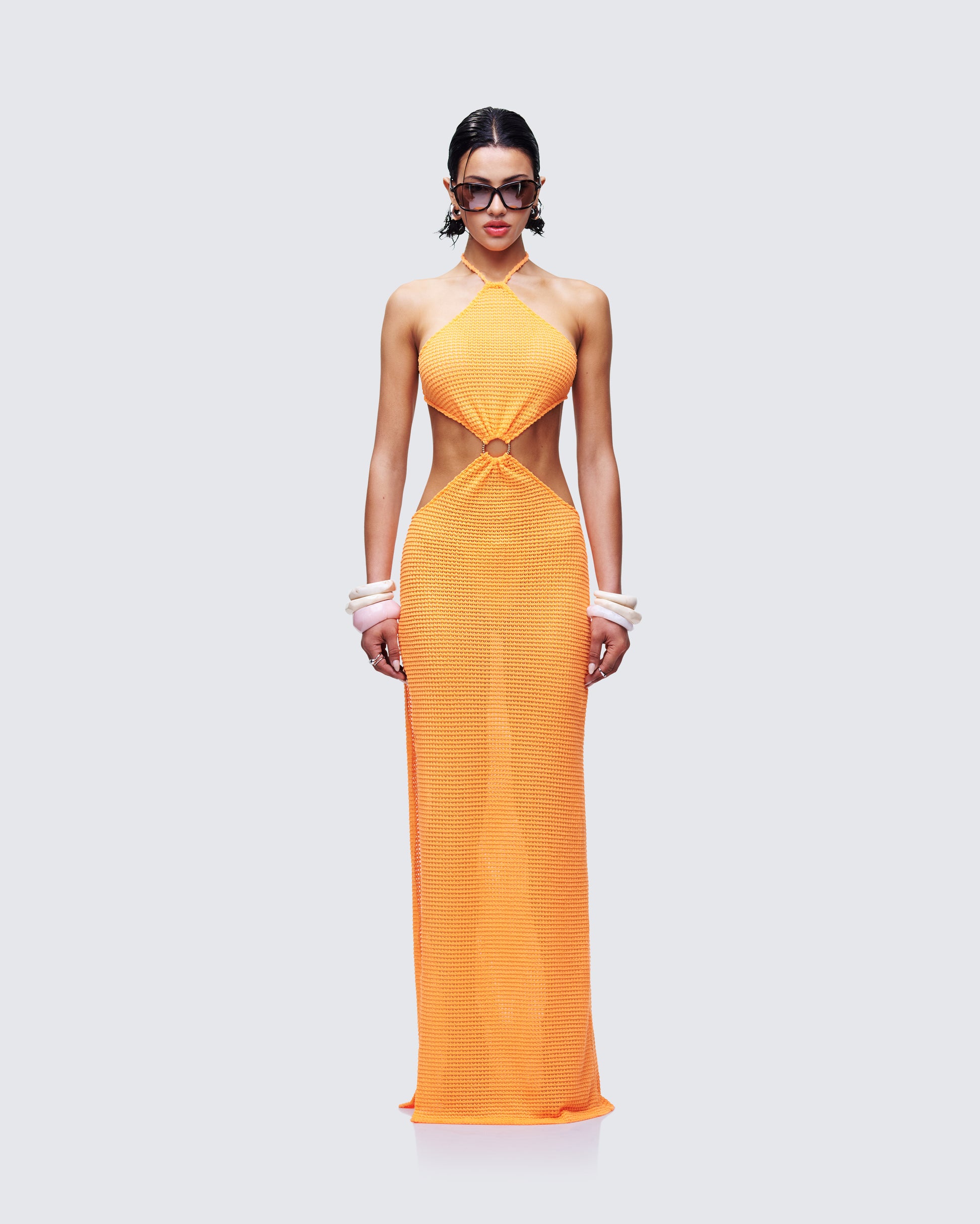 Tovi Orange Open Knit Maxi Dress model front