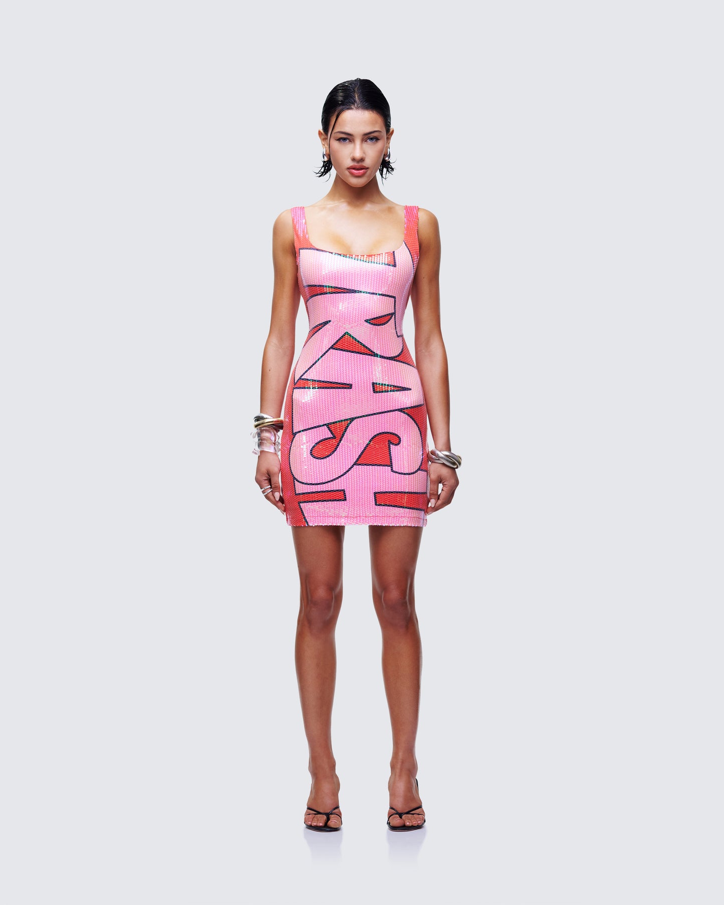 Lyla Red Sequin Slogan Mini Dress model front