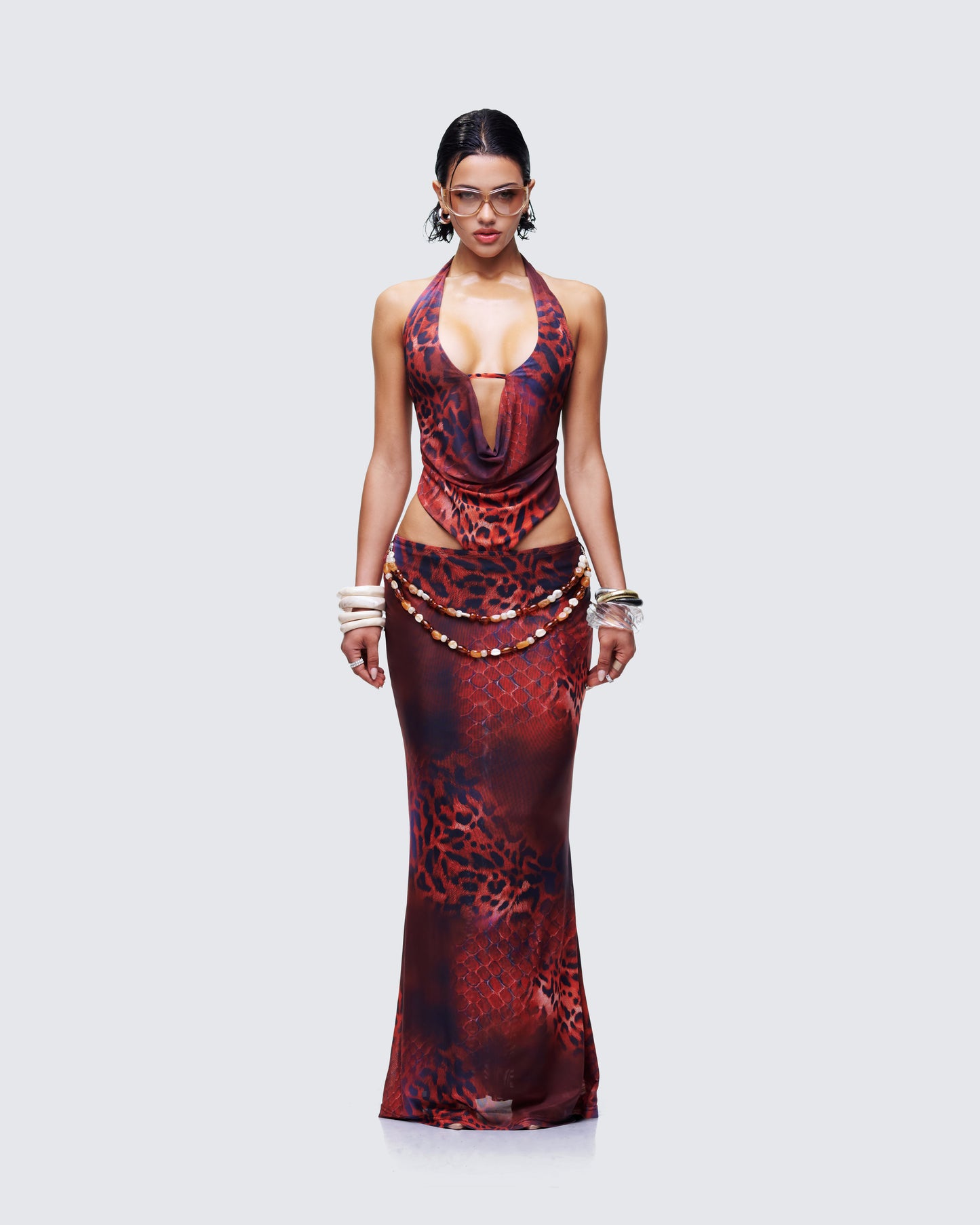 Neeve Brown Mesh Bead Trim Maxi Dress model front