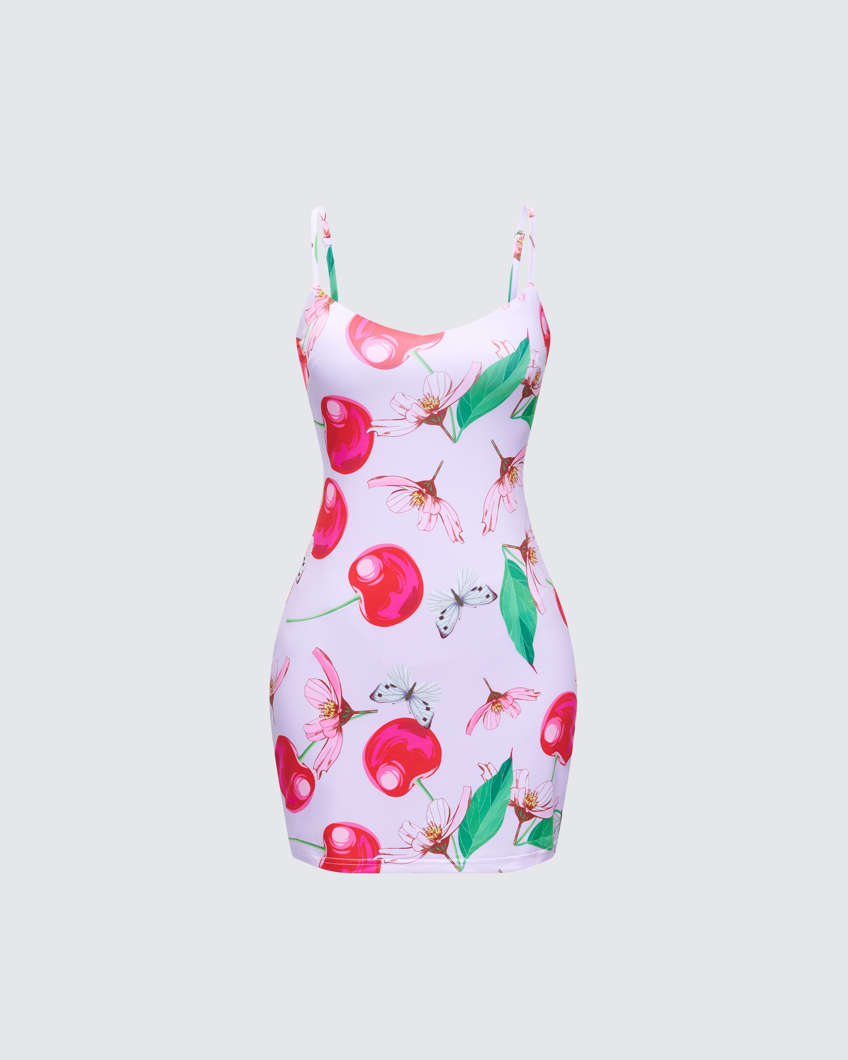 Pink Cherry Print Mini Dress - Bodycon Summer FINESSE Pink Cherry Print Mini Dress - Bodycon Summer FINESSE