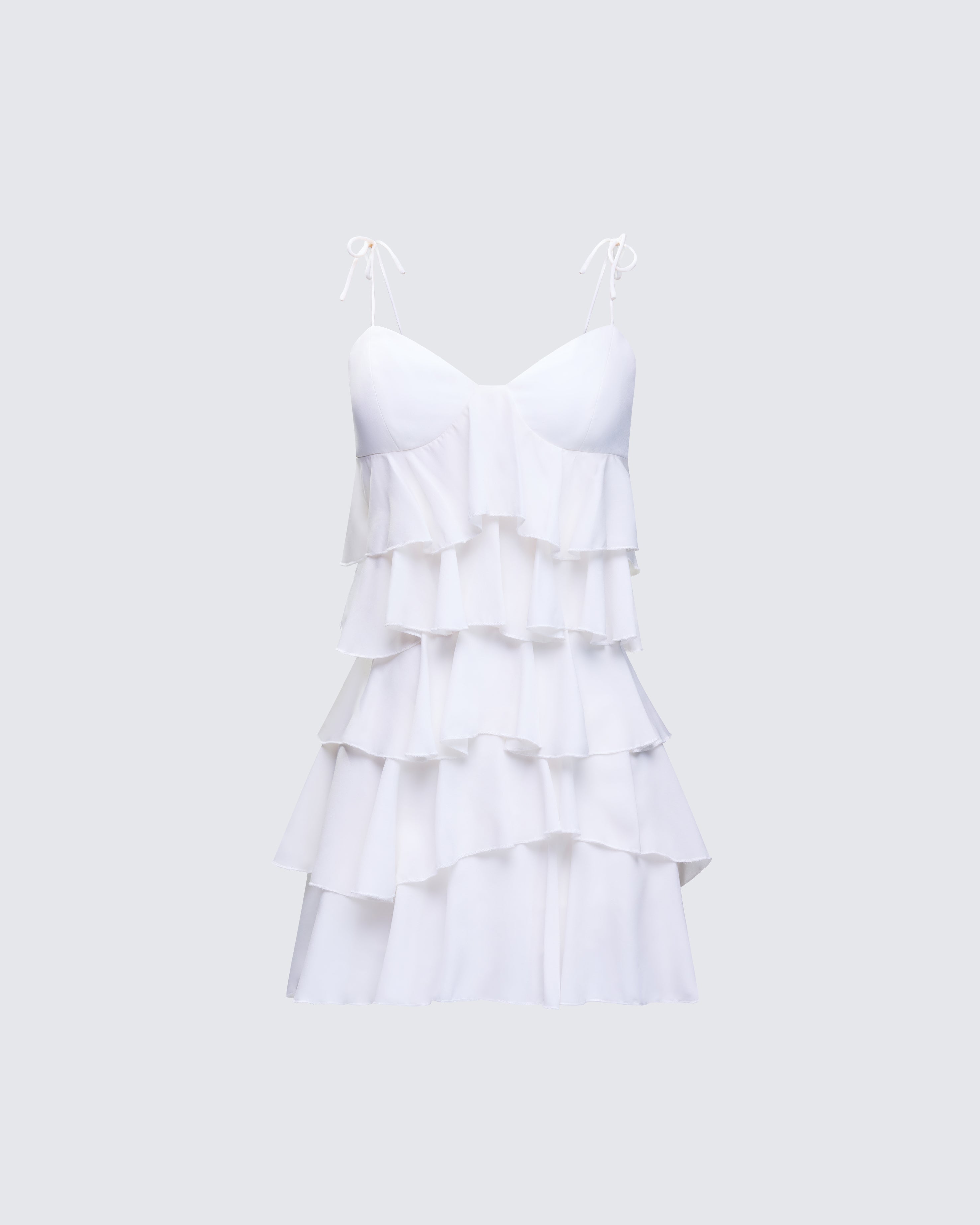 White Tiered Ruffle Mini Dress - Tie Shoulder Party 1X White Tiered Ruffle Mini Dress - Tie Shoulder Party 1X