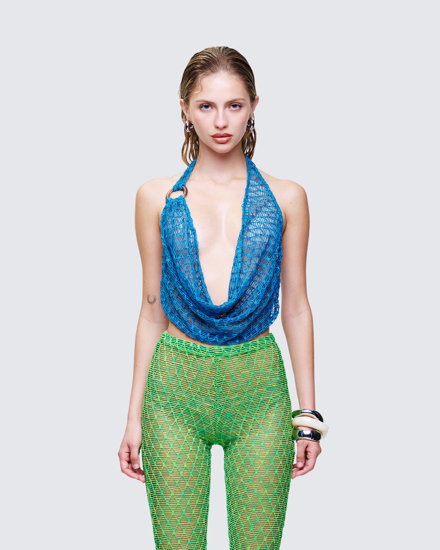 Zayla Blue Net Cowl Neck Top model front