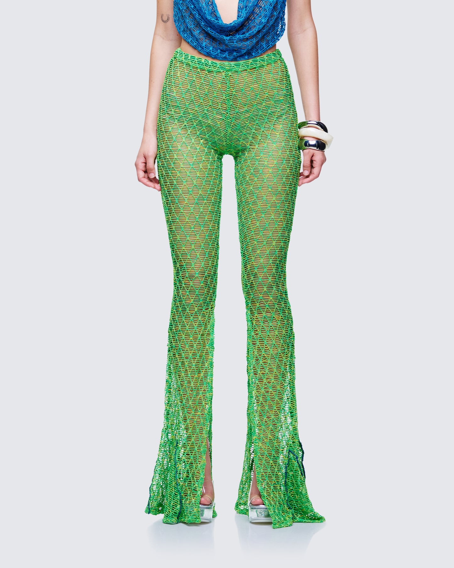 Zayla Green Net Flare Leg Trousers model front
