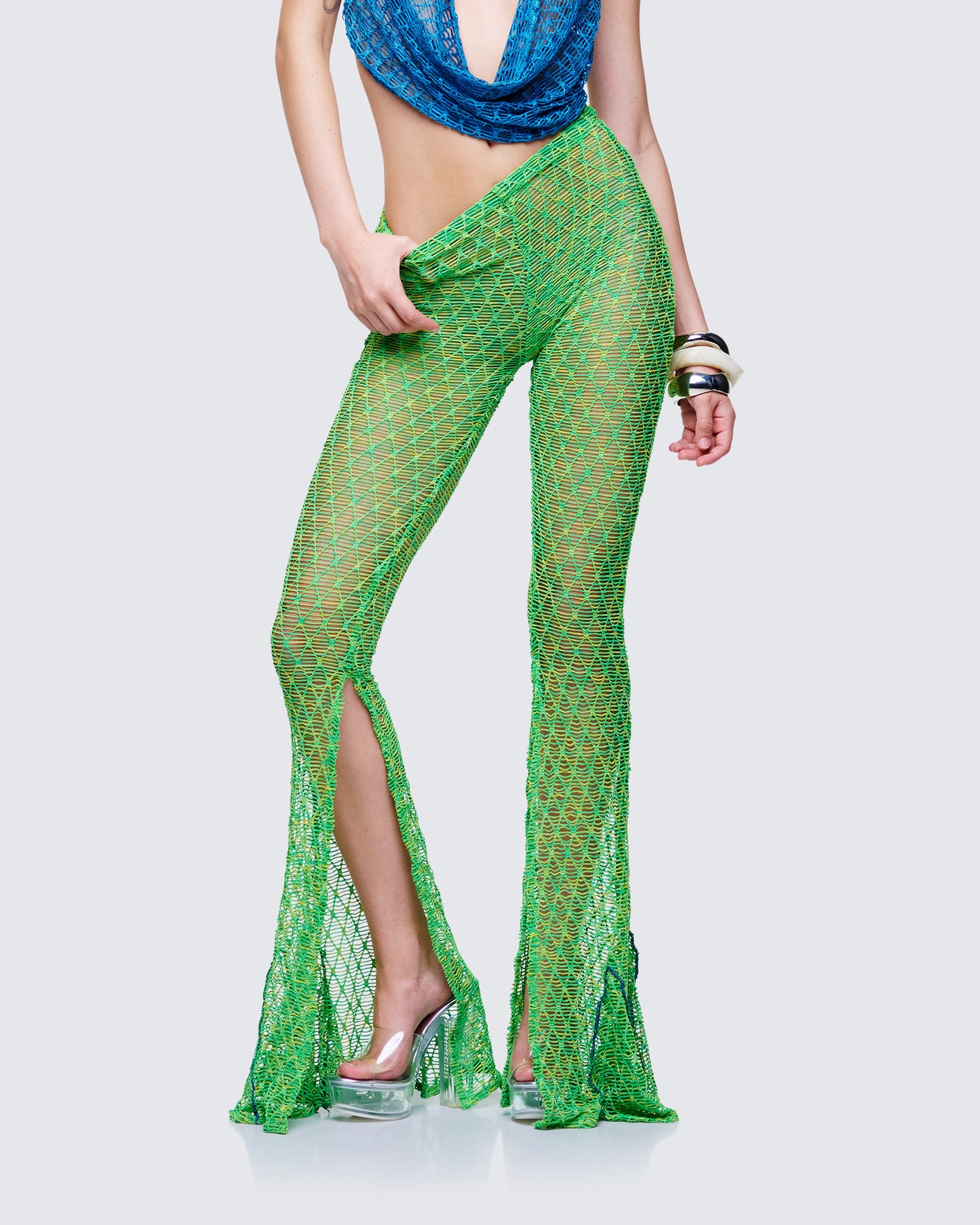 Zayla Green Net Flare Leg Trousers