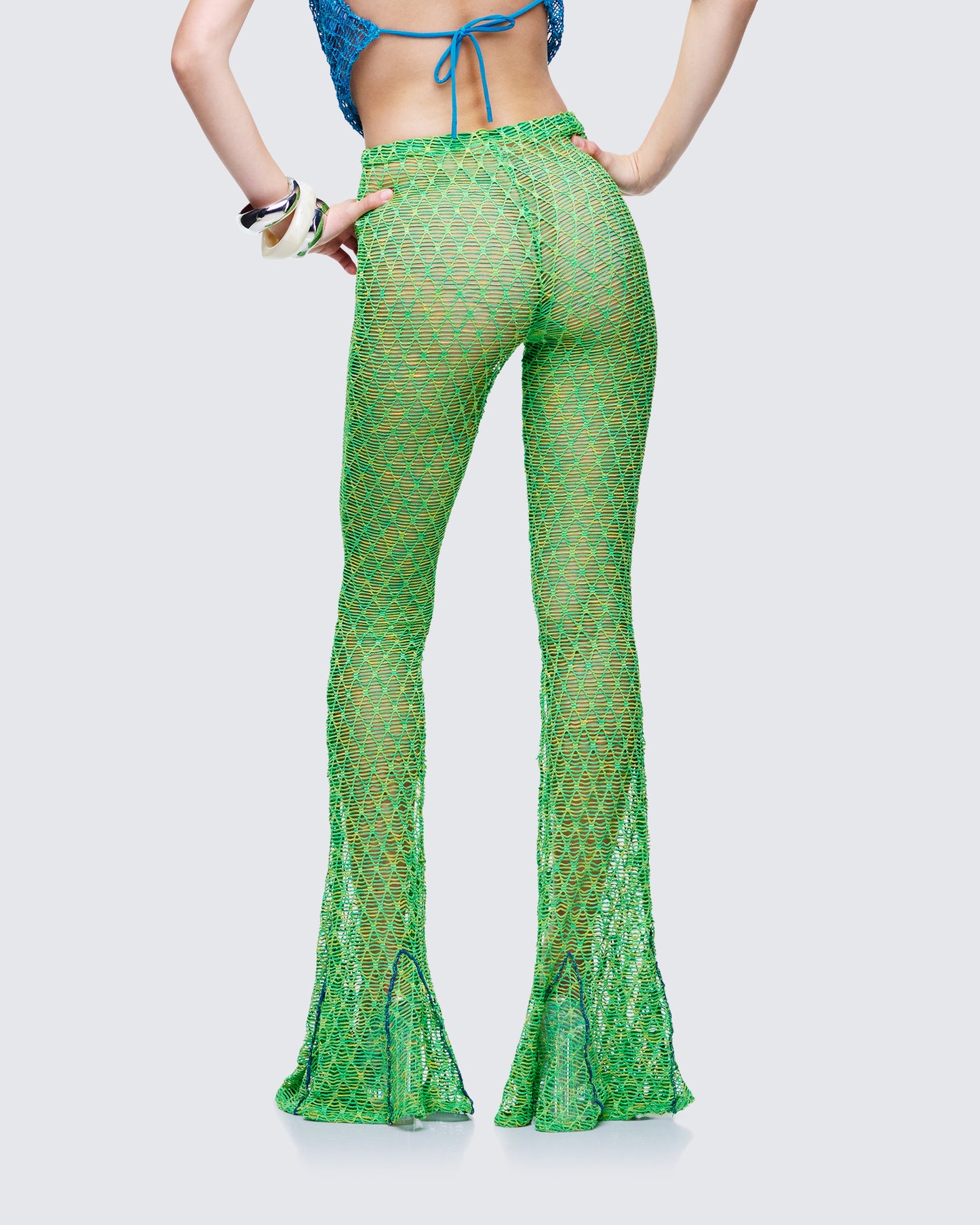 Zayla Green Net Flare Leg Trousers