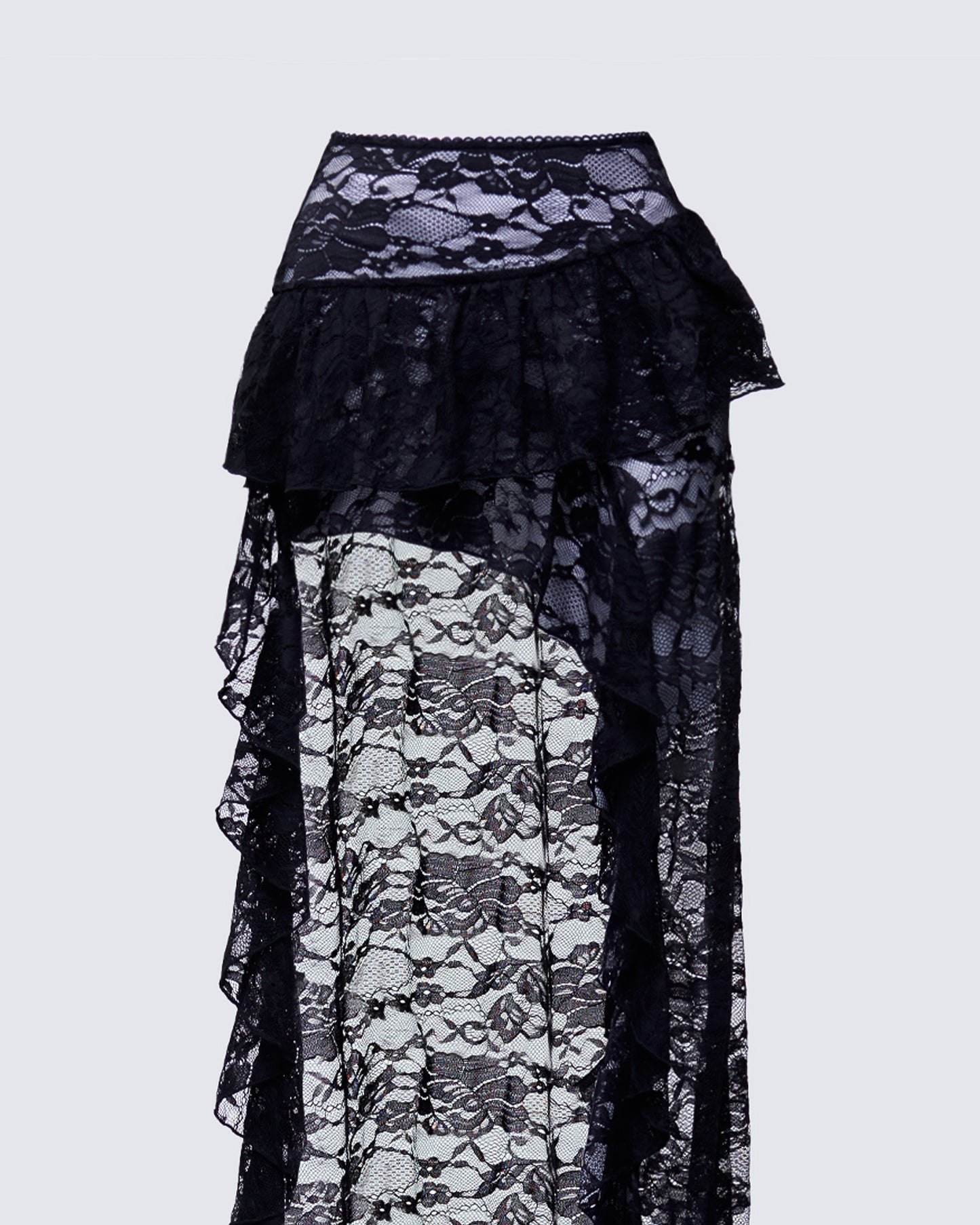 Rina Black Lace Asymmetrical Hem Ruffle Skirt
