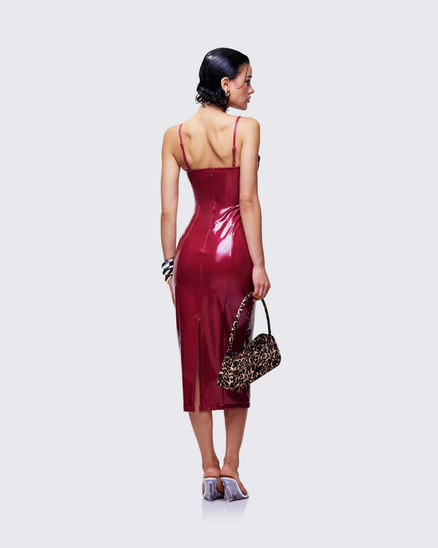 Women's burgundy midi dress alternate angle – FINESSE