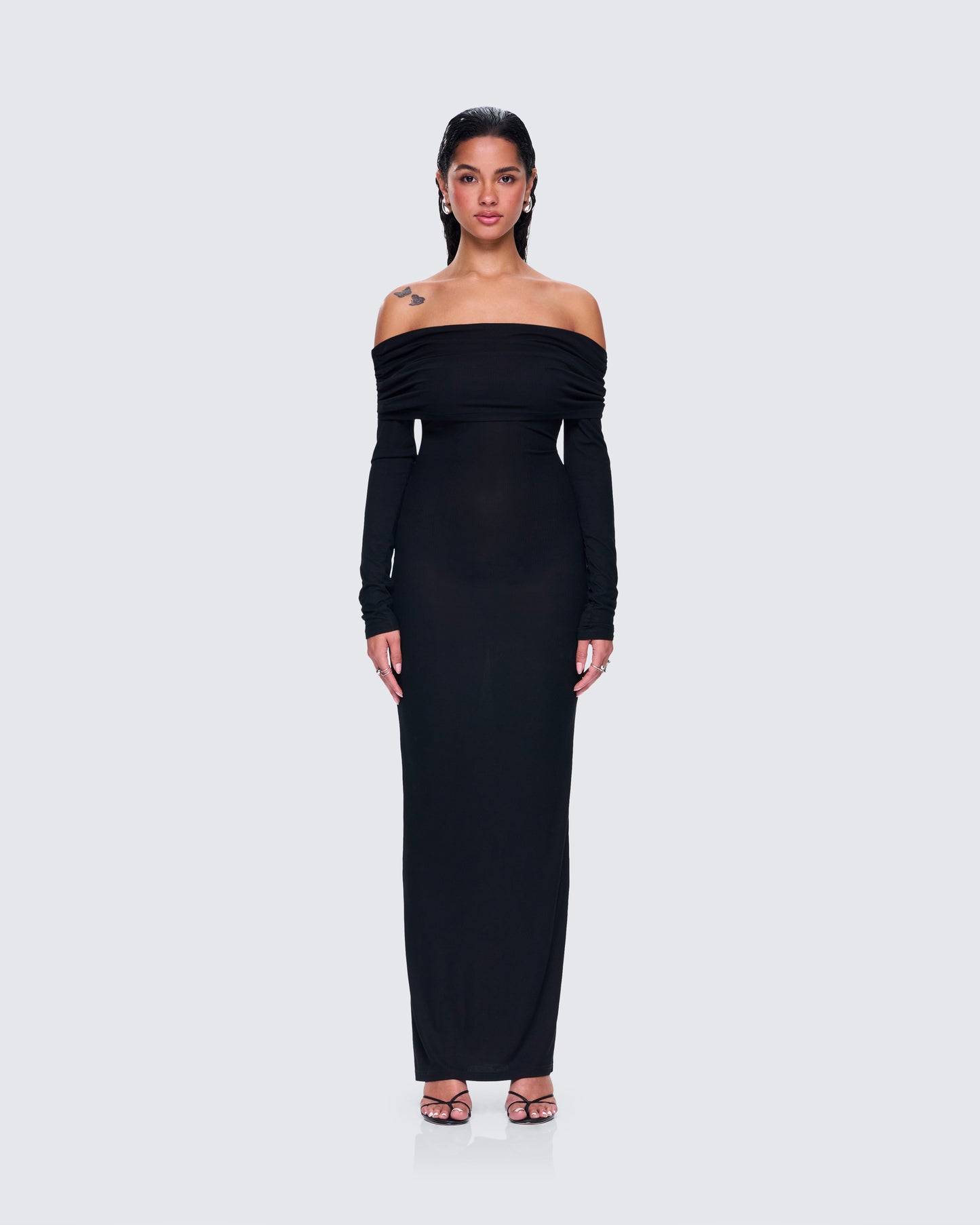 Kyan Black Off Shoulder Maxi Dress model front