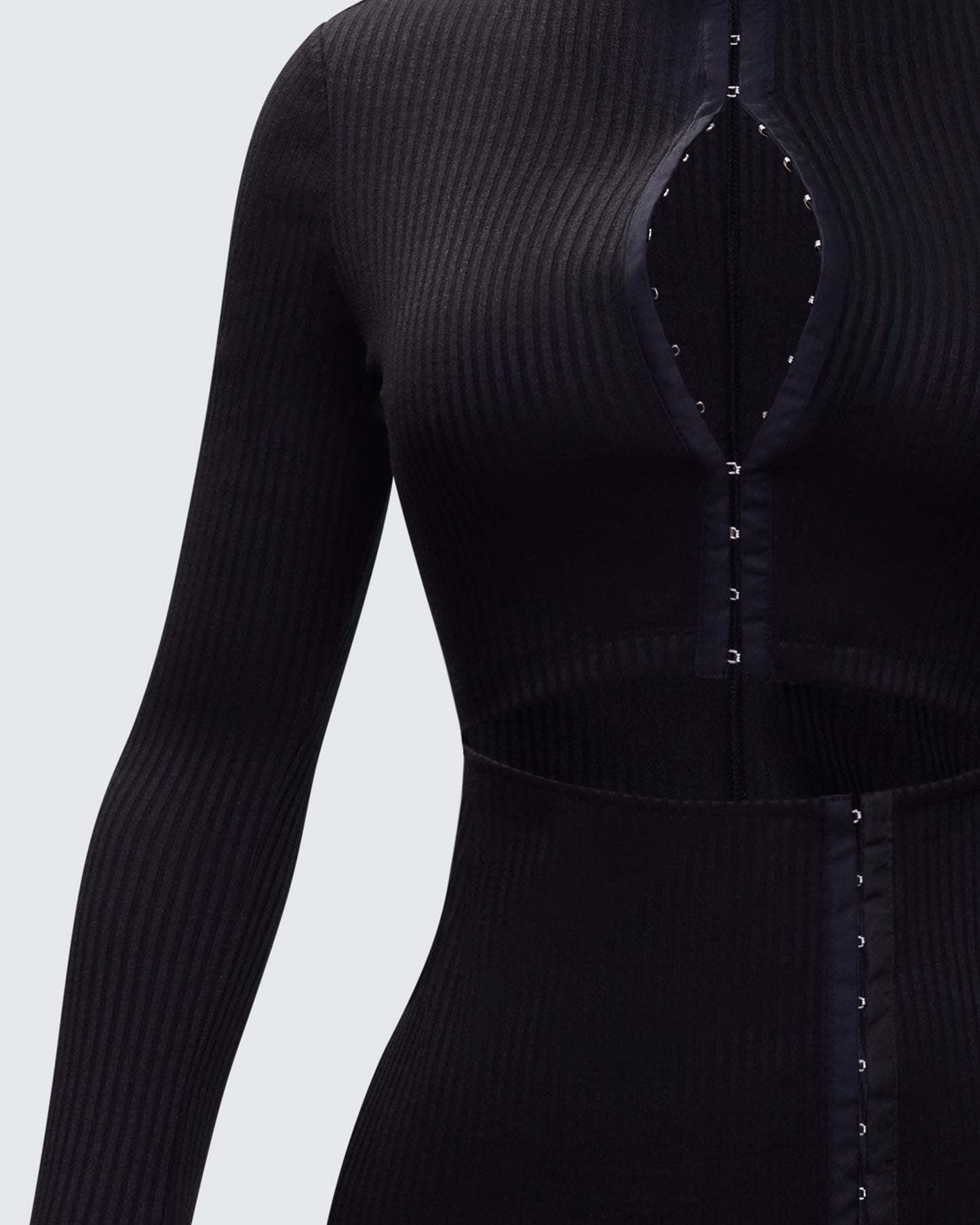 Eithne Black Rib Eyelet Front Mini Dress