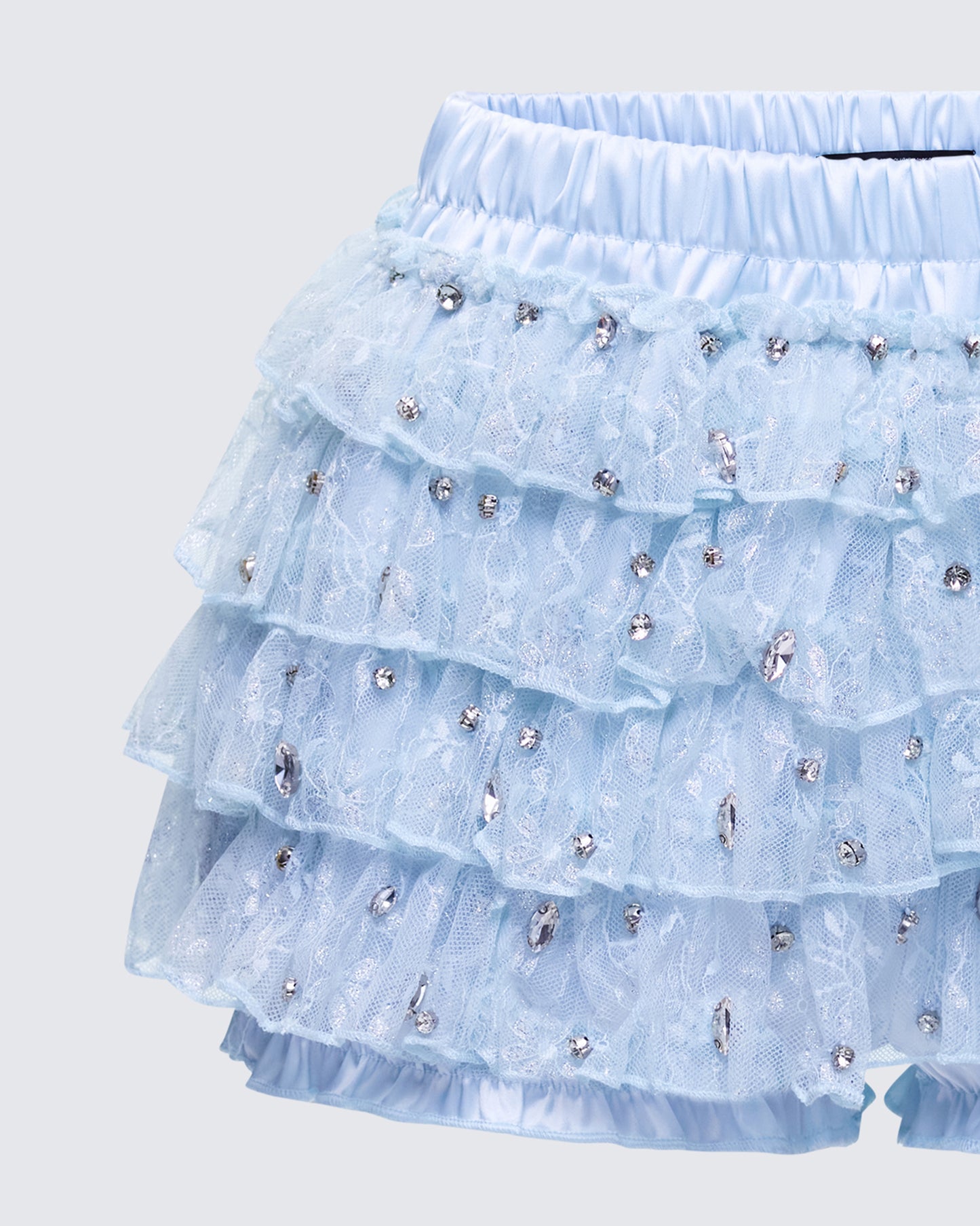 Love Hand Beaded Rhinestone Baby Blue Ruffle Short