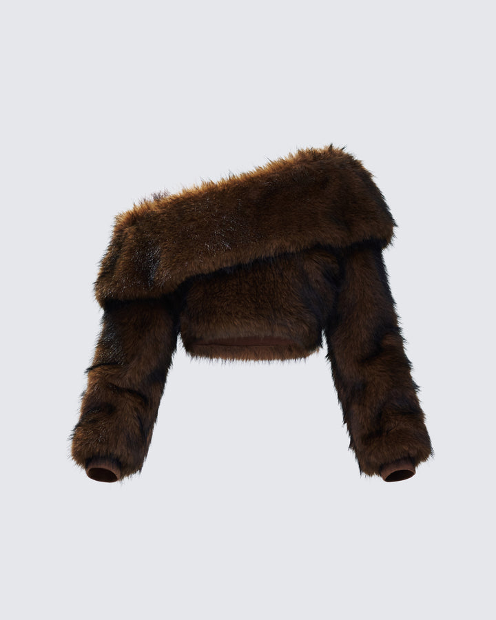 Nadi Brown Faux Fur Off Shoulder Top product front