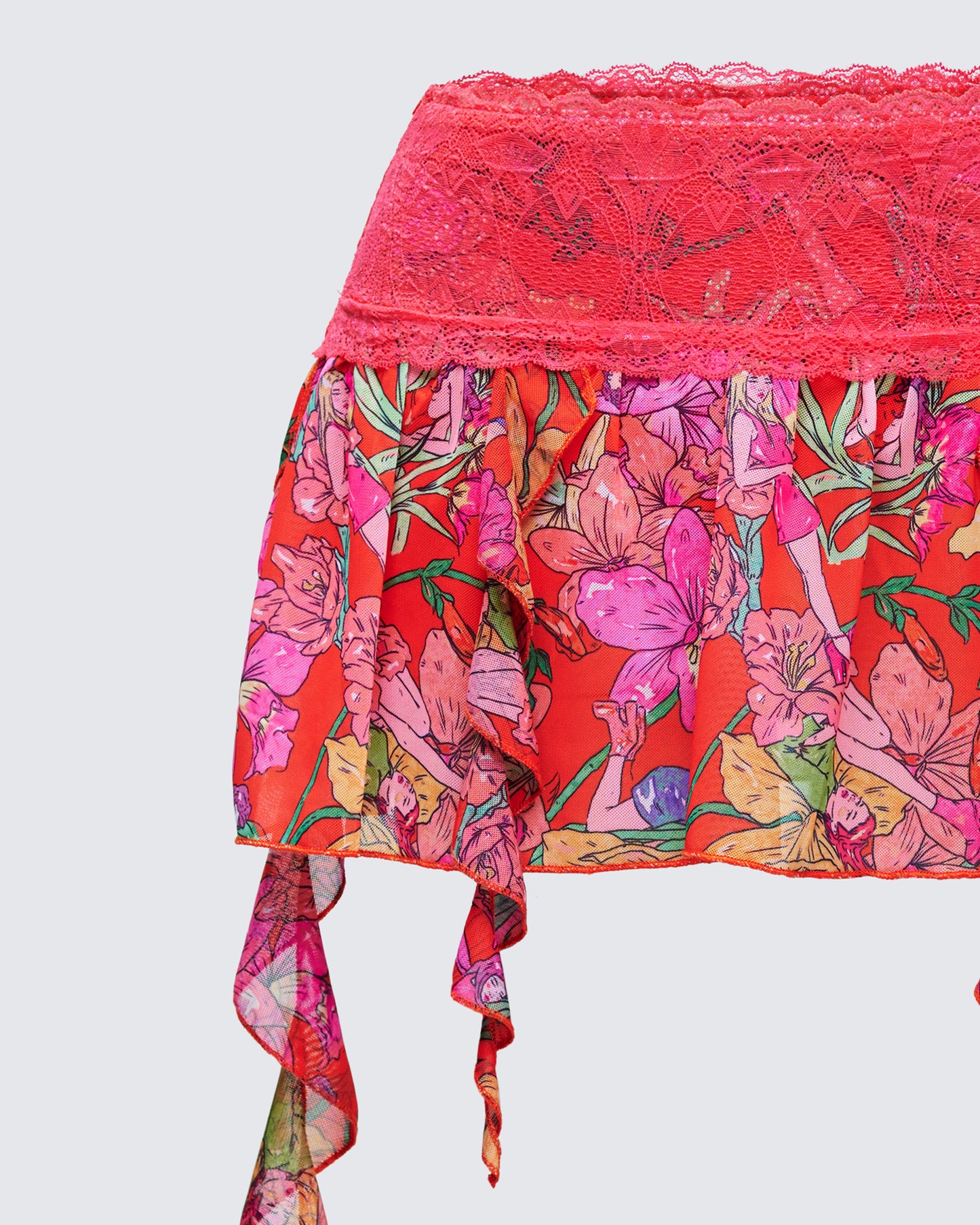 Aurelia Orange Printed Mesh Ruffle Mini Skirt