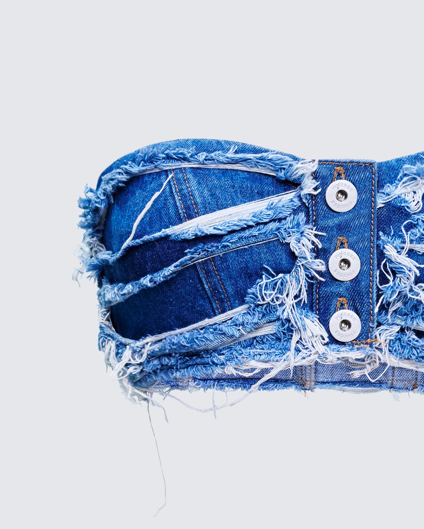 Katria Blue Frayed Denim Bandeau Top