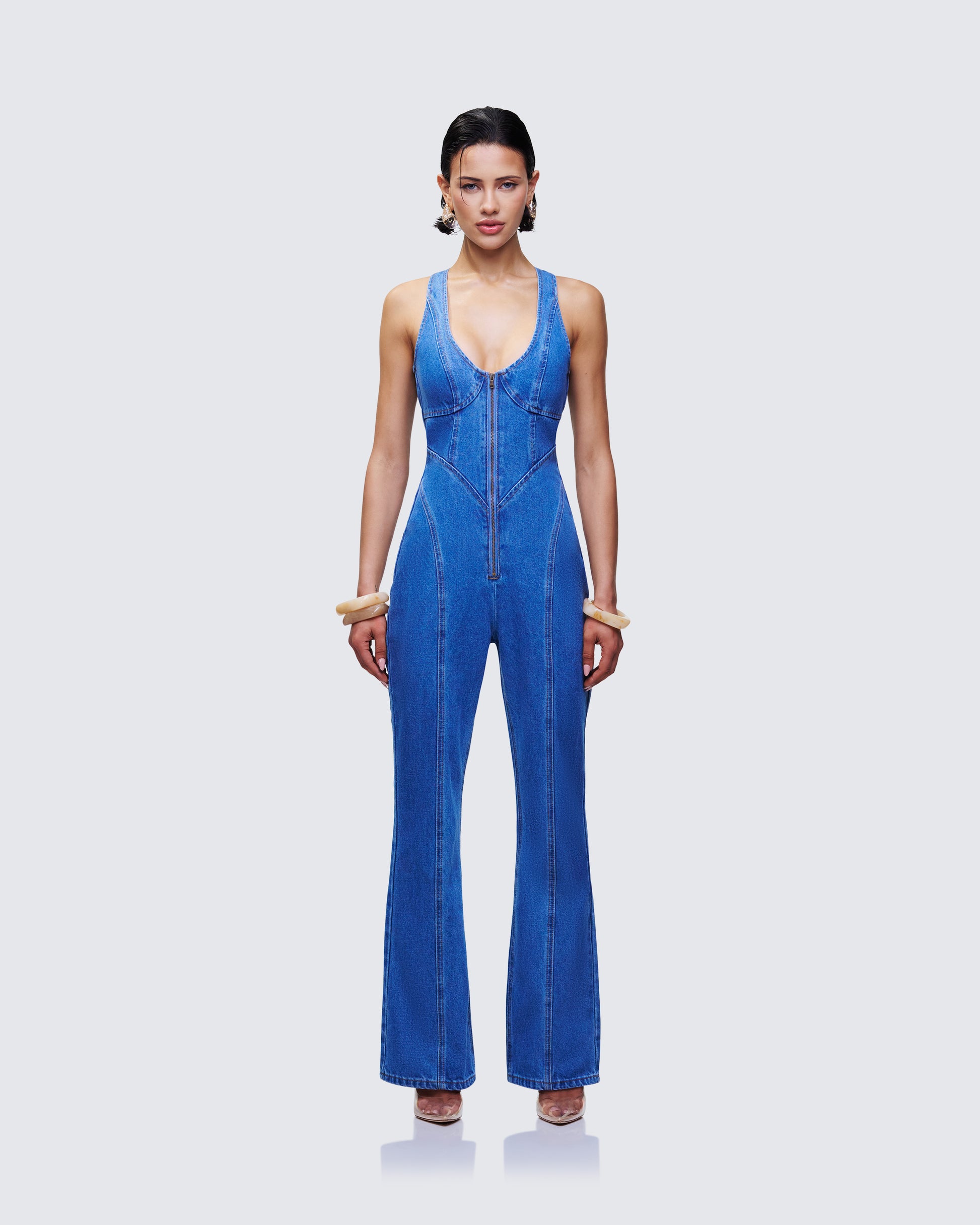 Ali Blue Denim Heart Cut Jumpsuit model front