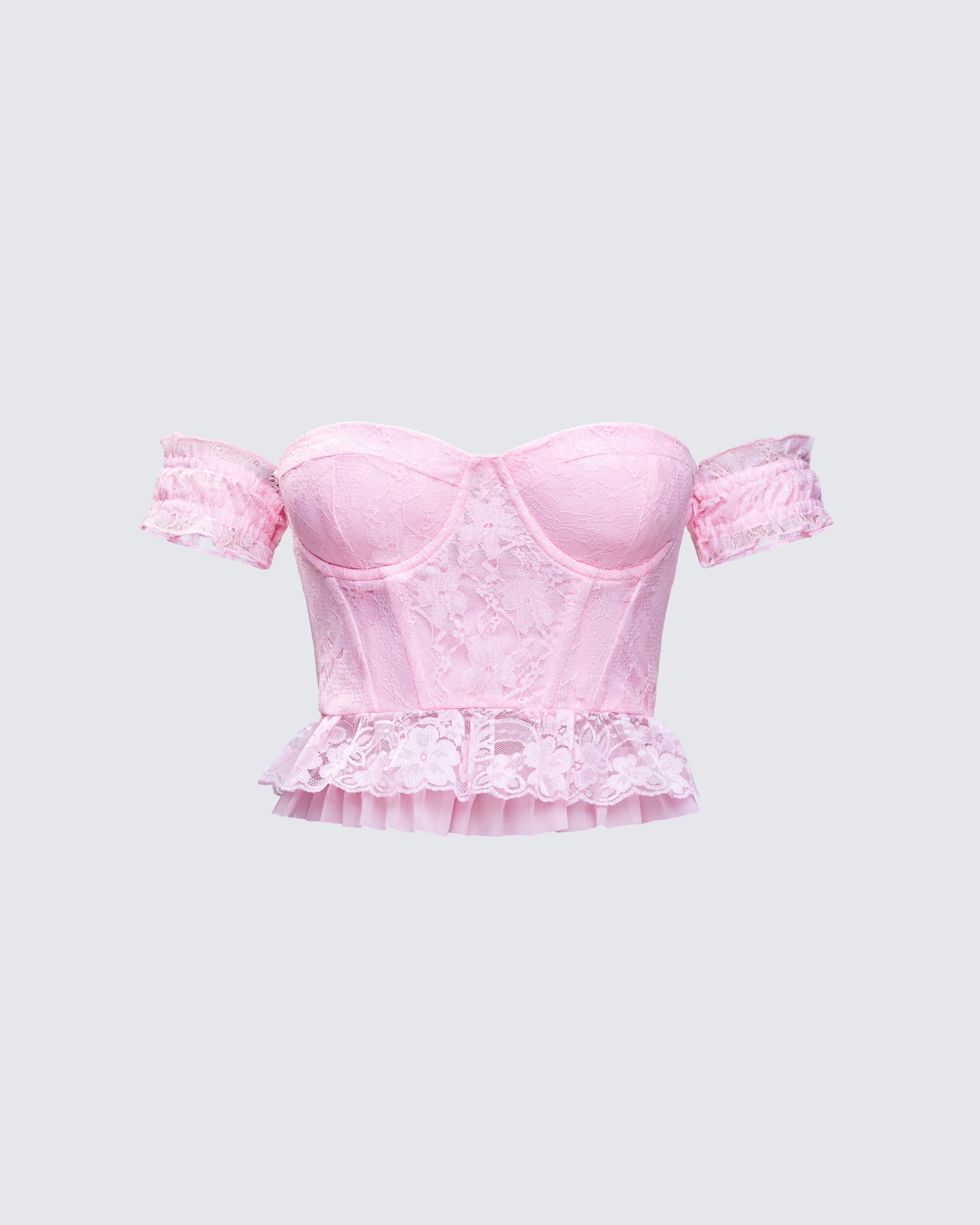 Pink Lace Corset Top - Off-Shoulder Ruffle Bustier – FINESSE
