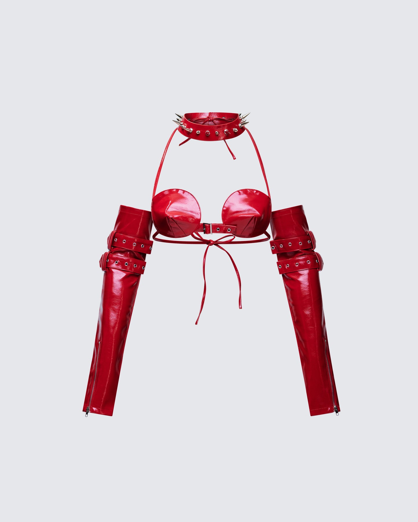 Zaynah Red Vinyl Cone Cup Bra, Choker & Gloves