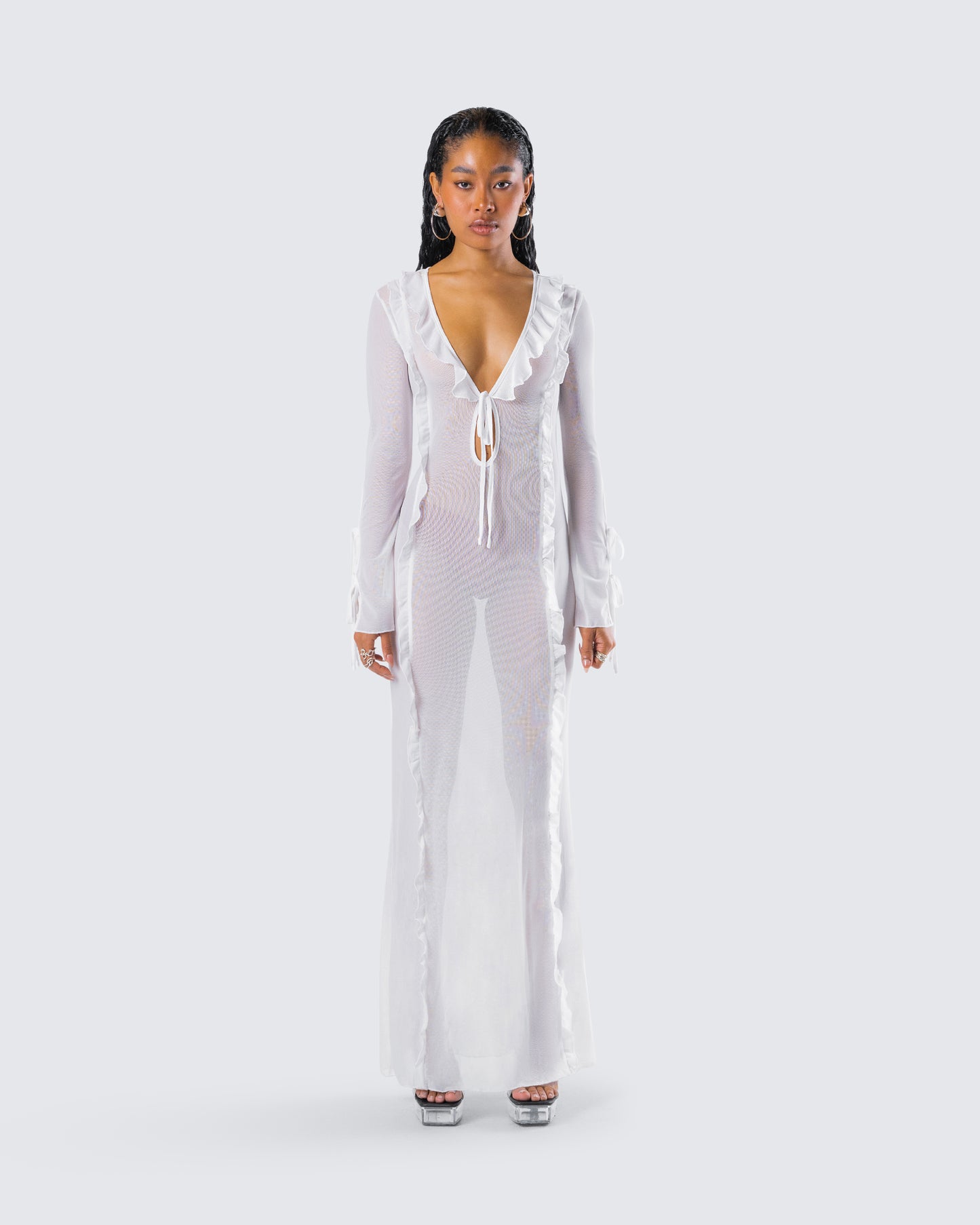 Florence White Mesh Maxi Dress model front