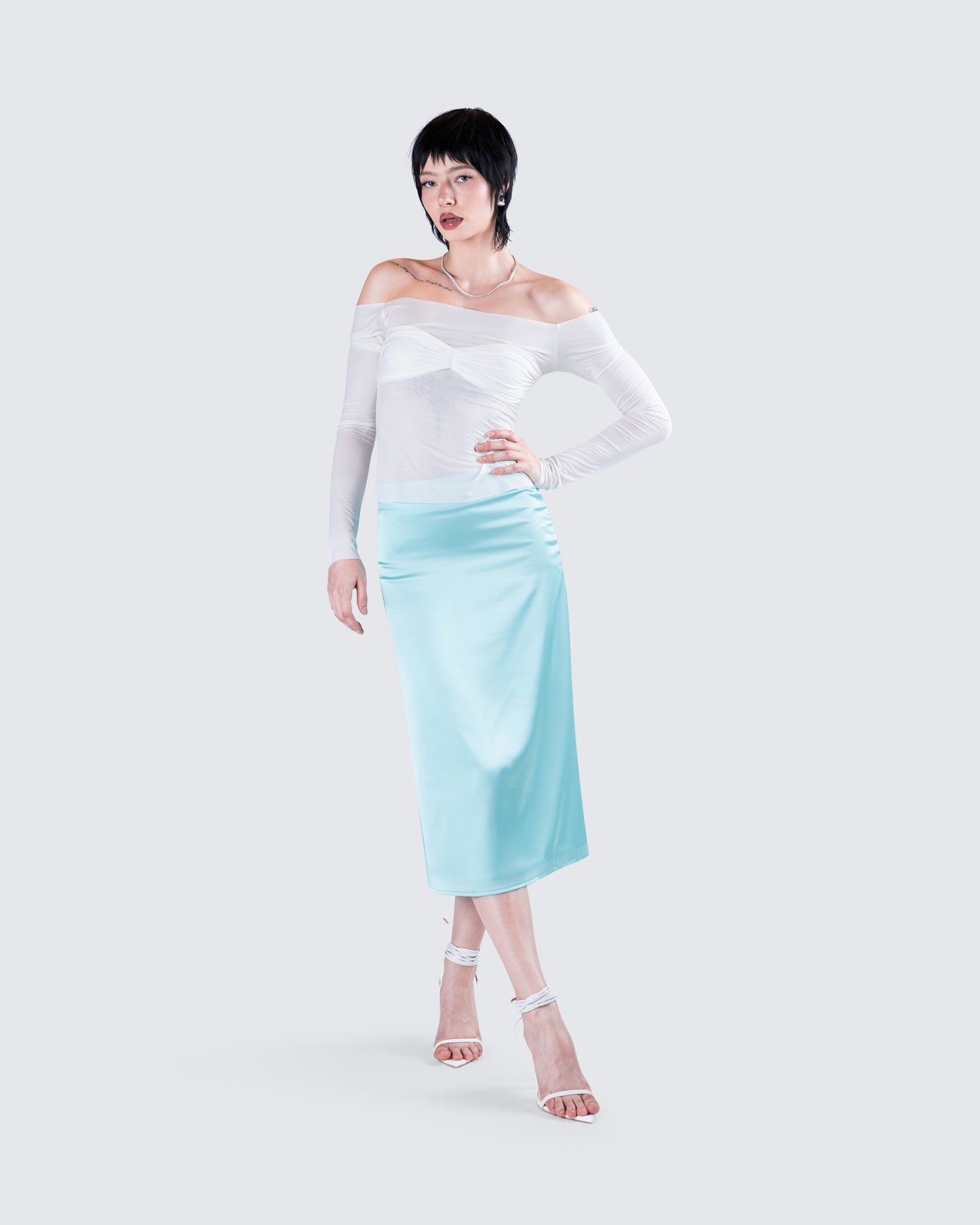 Florie Aqua Satin Midi Skirt