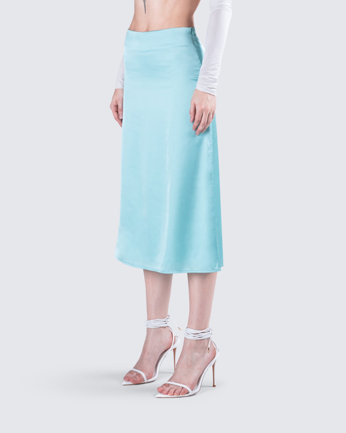 Florie Aqua Satin Midi Skirt