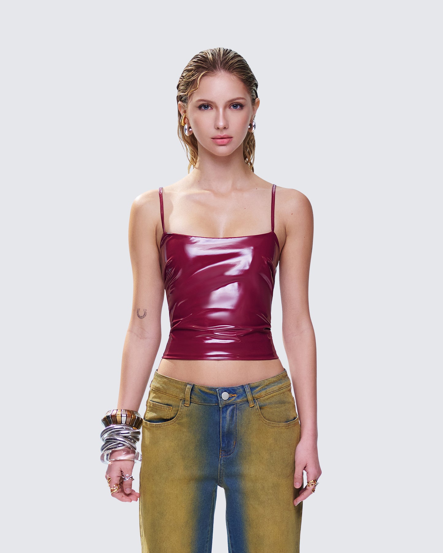 Francine Burgundy Vegan Leather Top model front