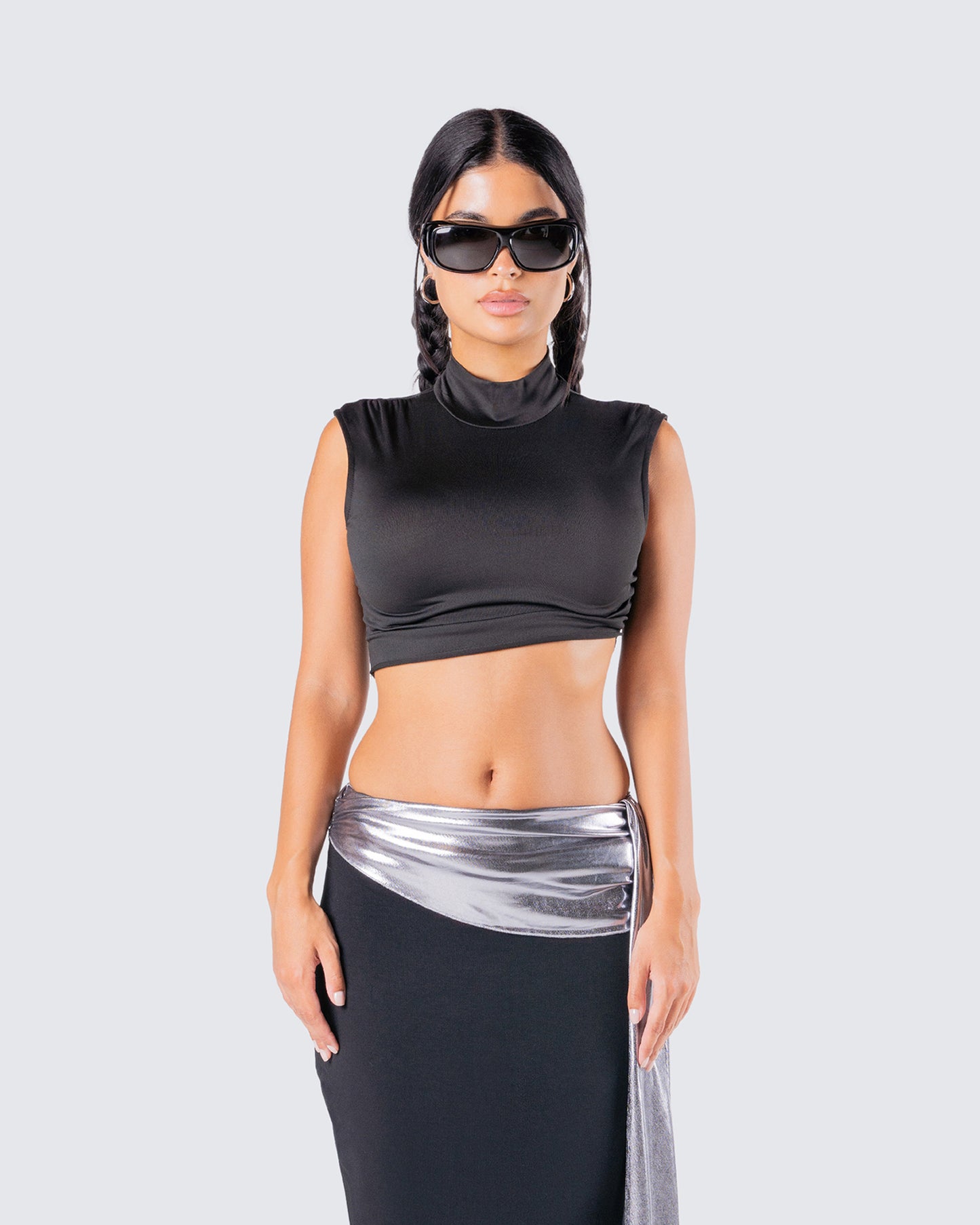 Freya Black Turtleneck Crop Top model front