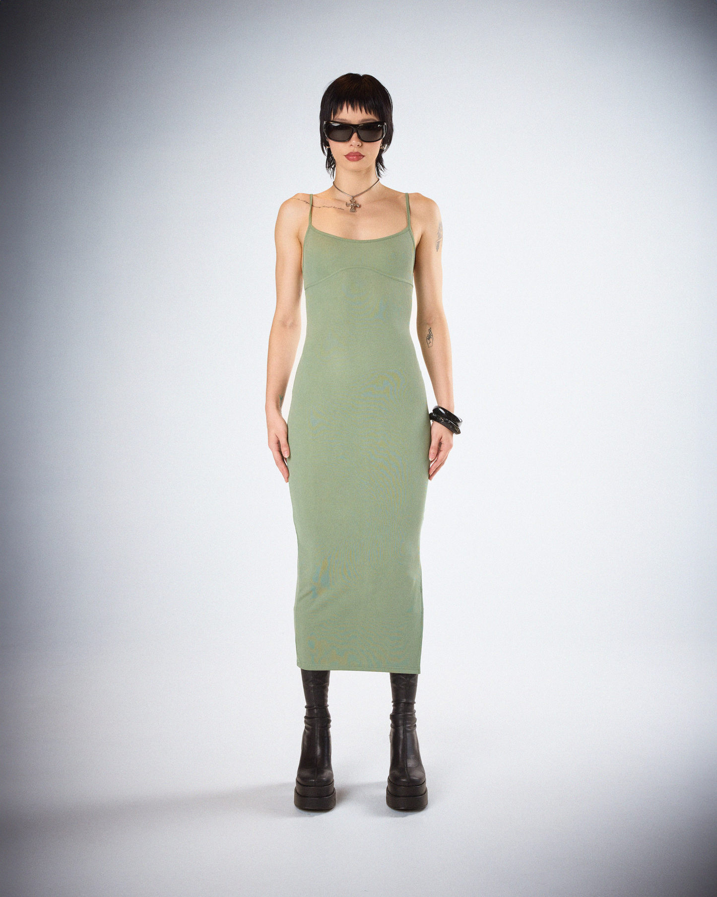 Christa Sage Rib Midi Dress model front