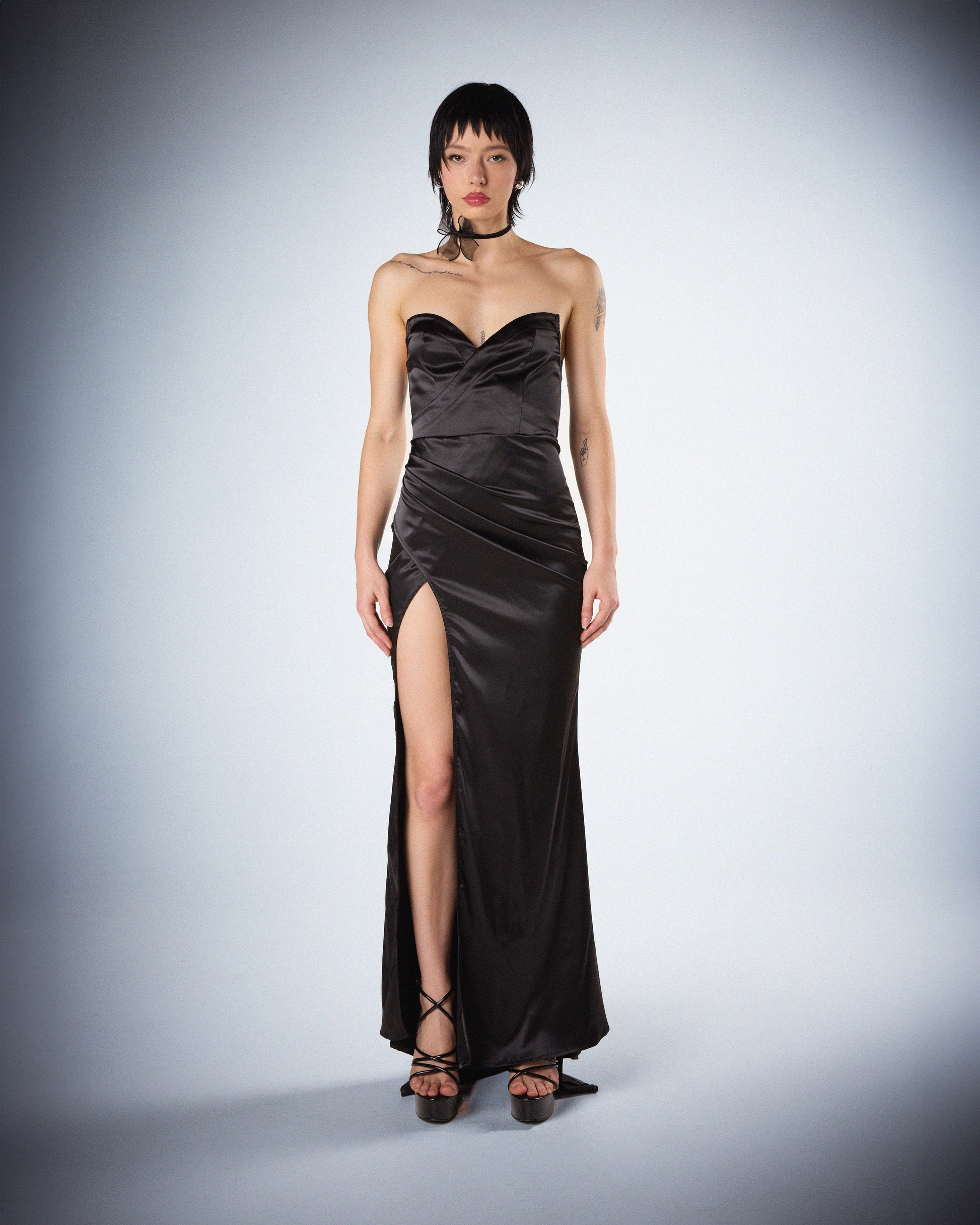 Suri Black Satin Strapless Gown model front