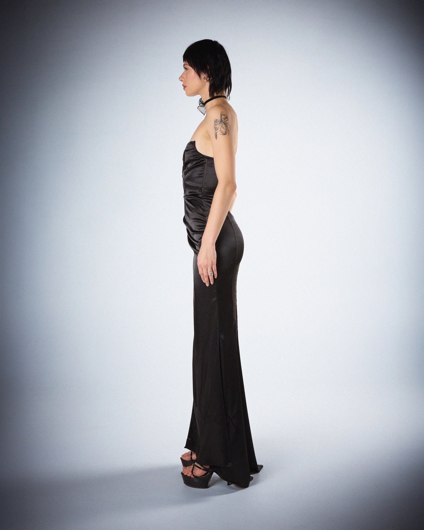 Suri Black Satin Strapless Gown