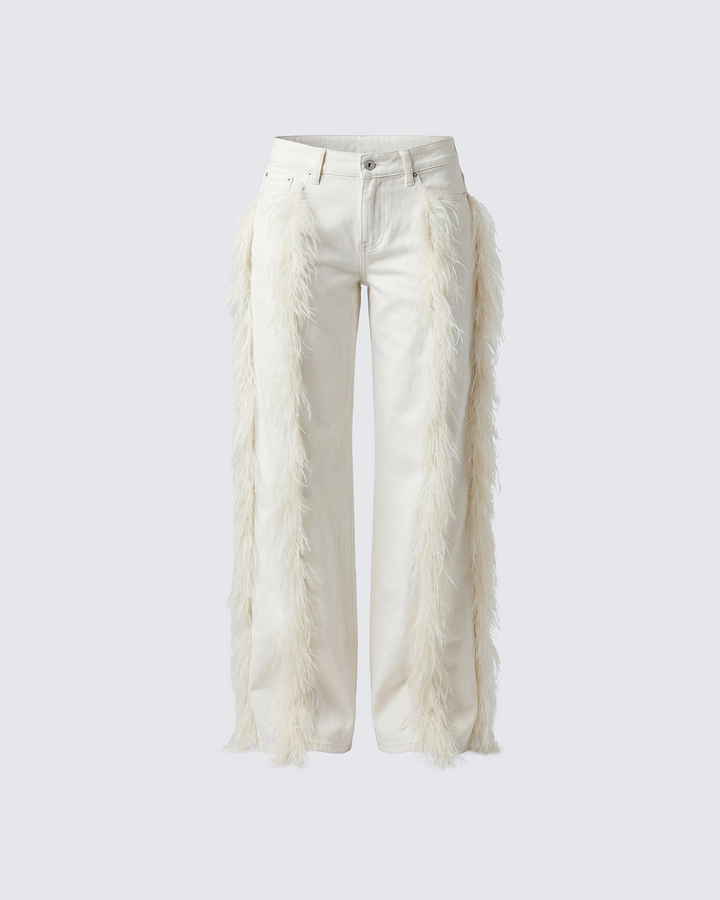 Flint Ivory Straight leg Jeans With Fur Trim