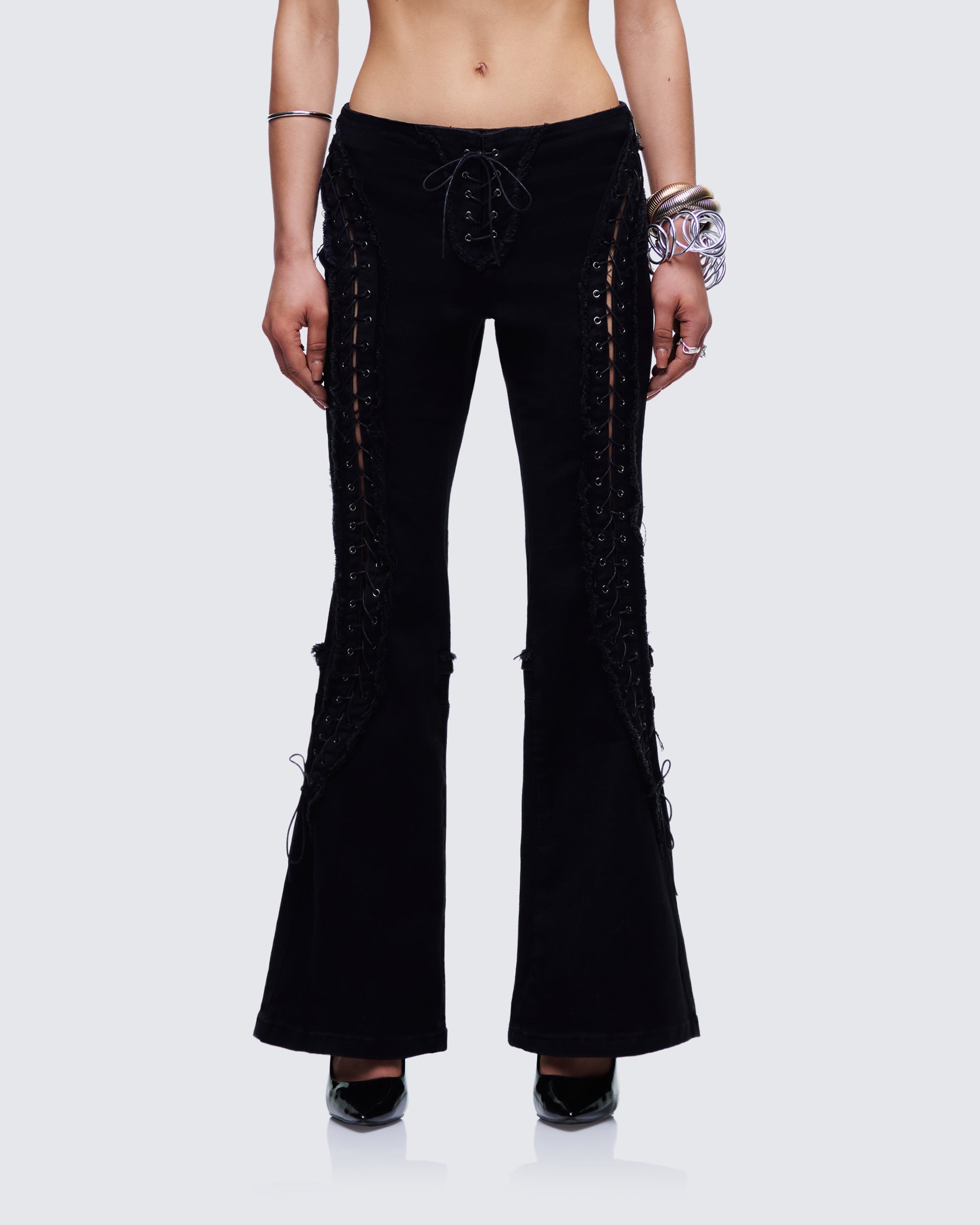 Genoveva Black Denim Lace Up Jeans model front