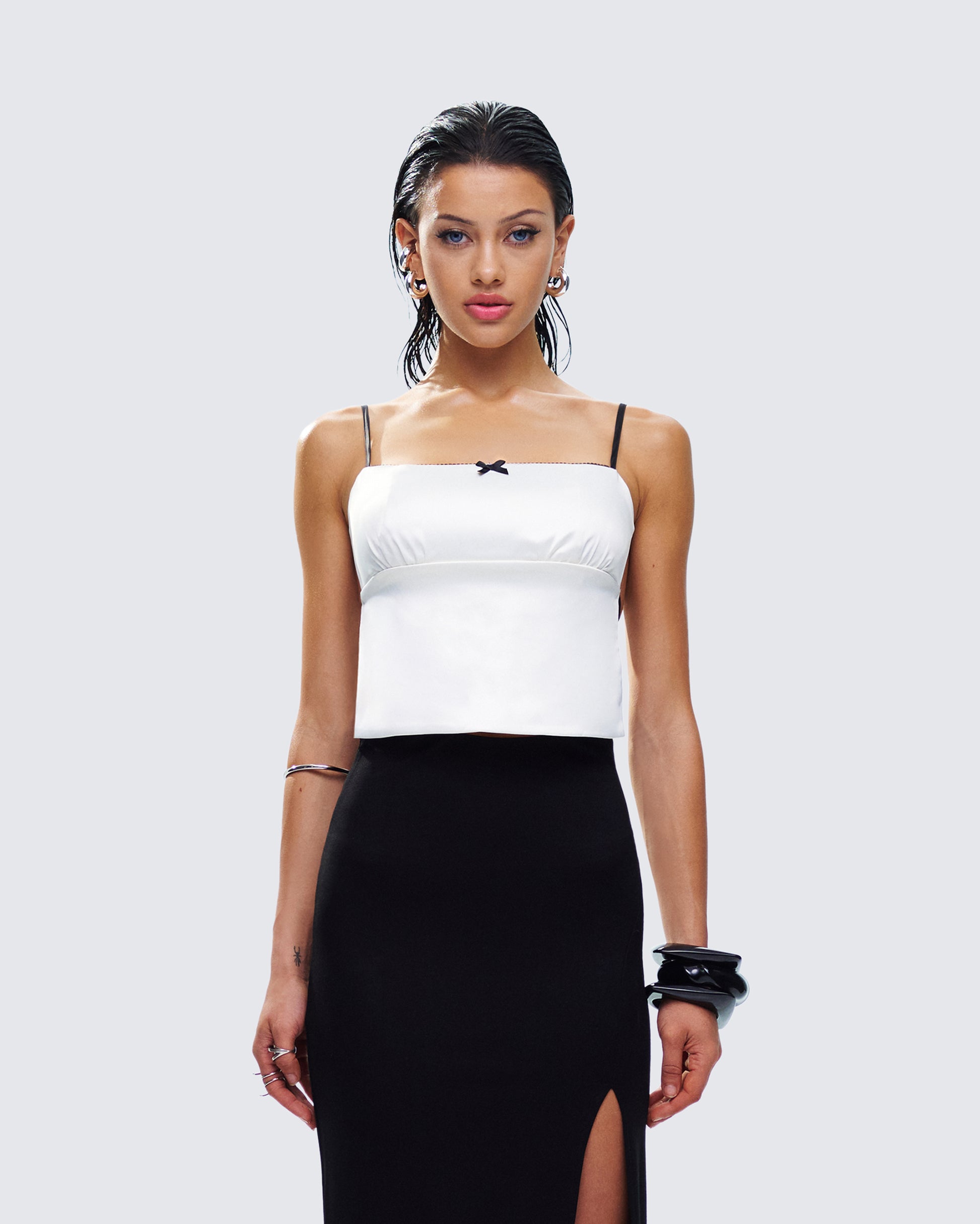 Georgia Ivory Satin Backless Top model front