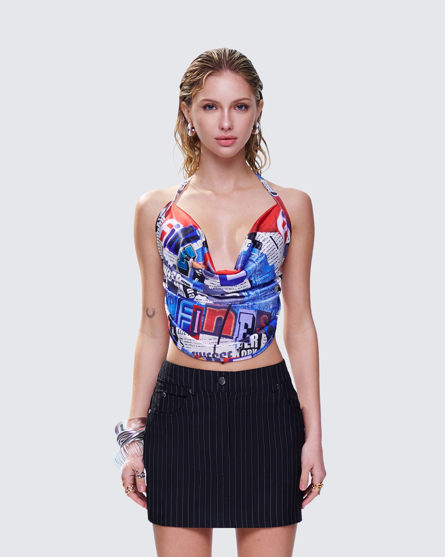 Gretchen Collage Print Cowl Top model front