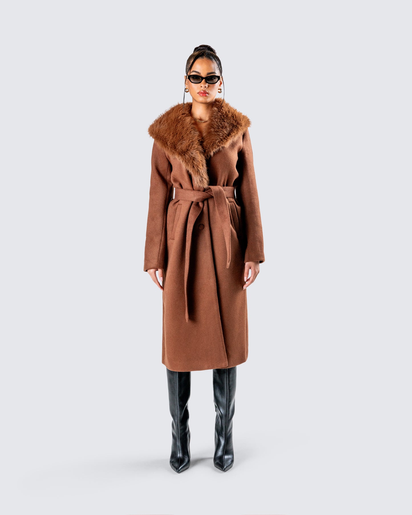 Hala Brown Faux Fur Trim Coat model front