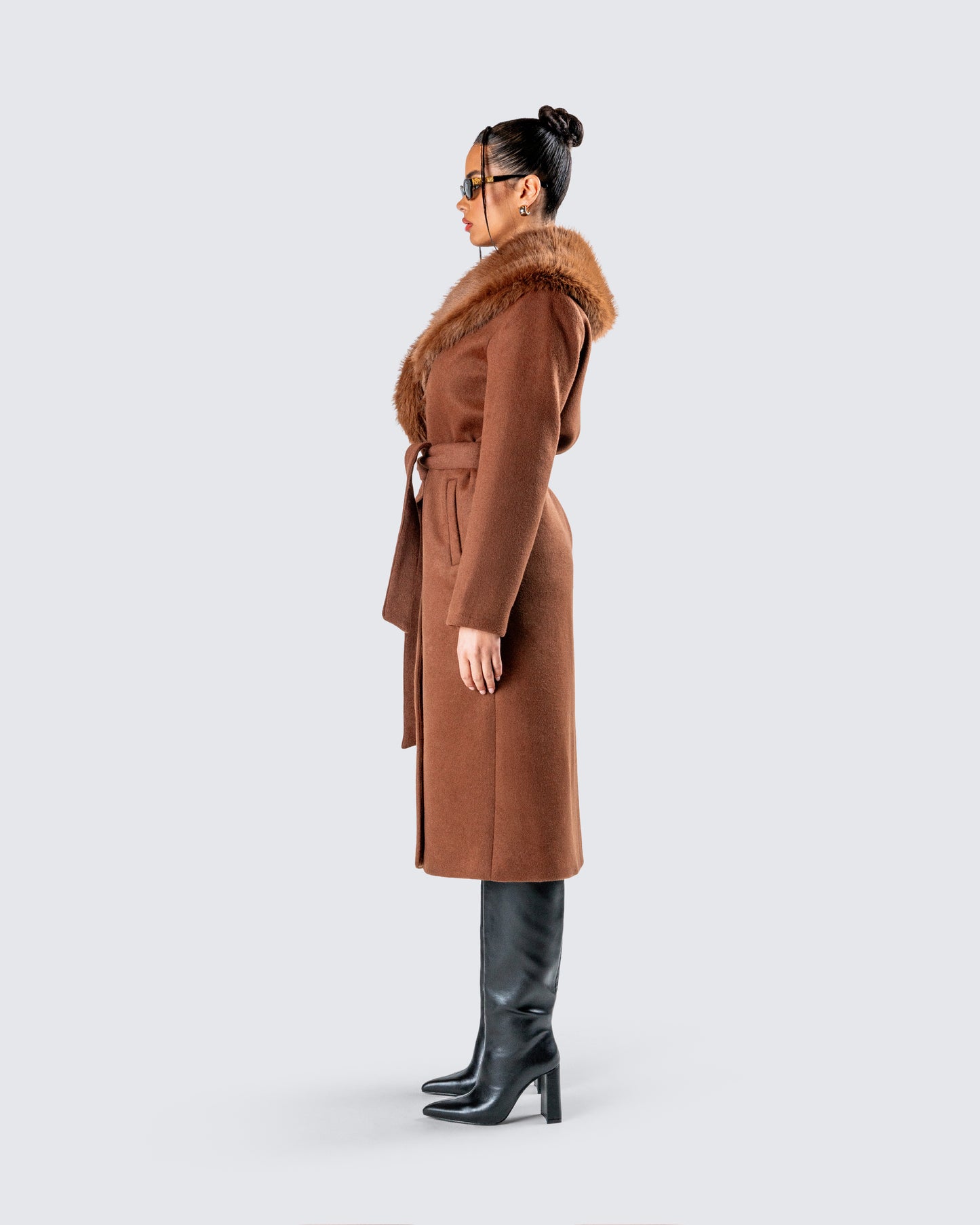 Hala Brown Faux Fur Trim Coat