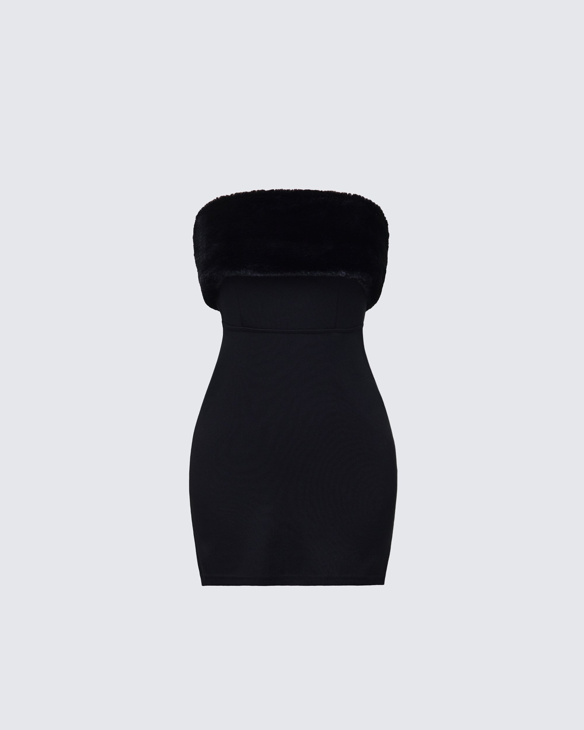Black Mini Dress with Fur Trim - Strapless Bodycon FINESSE Black Mini Dress with Fur Trim - Strapless Bodycon FINESSE