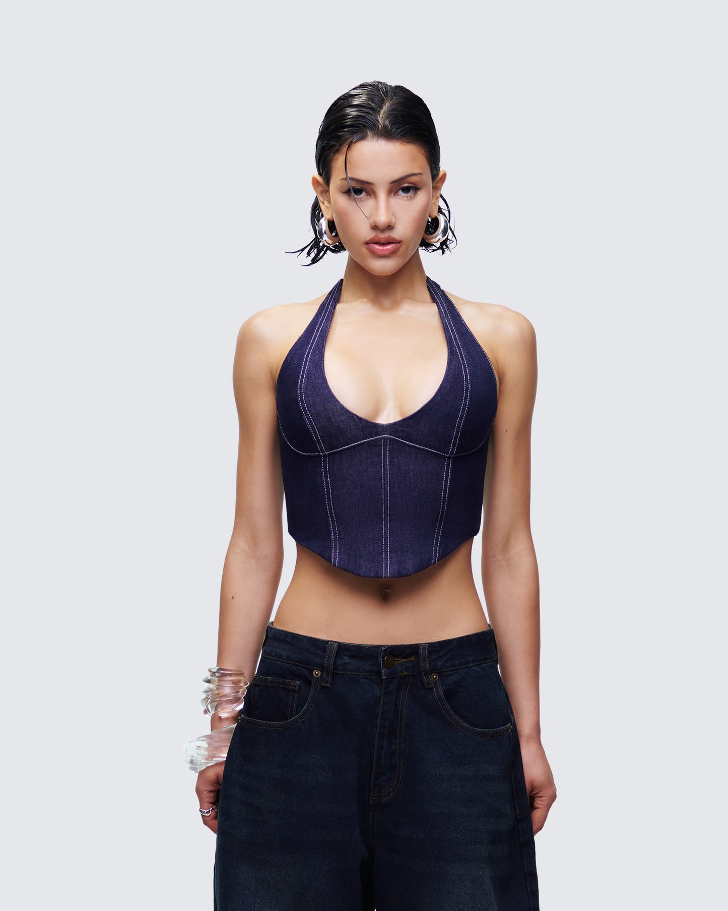 Harley Blue Denim Halter Top model front