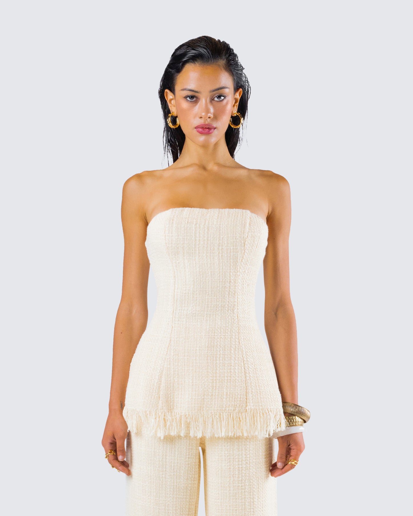 Havanah Ivory Tweed Strapless Top model front